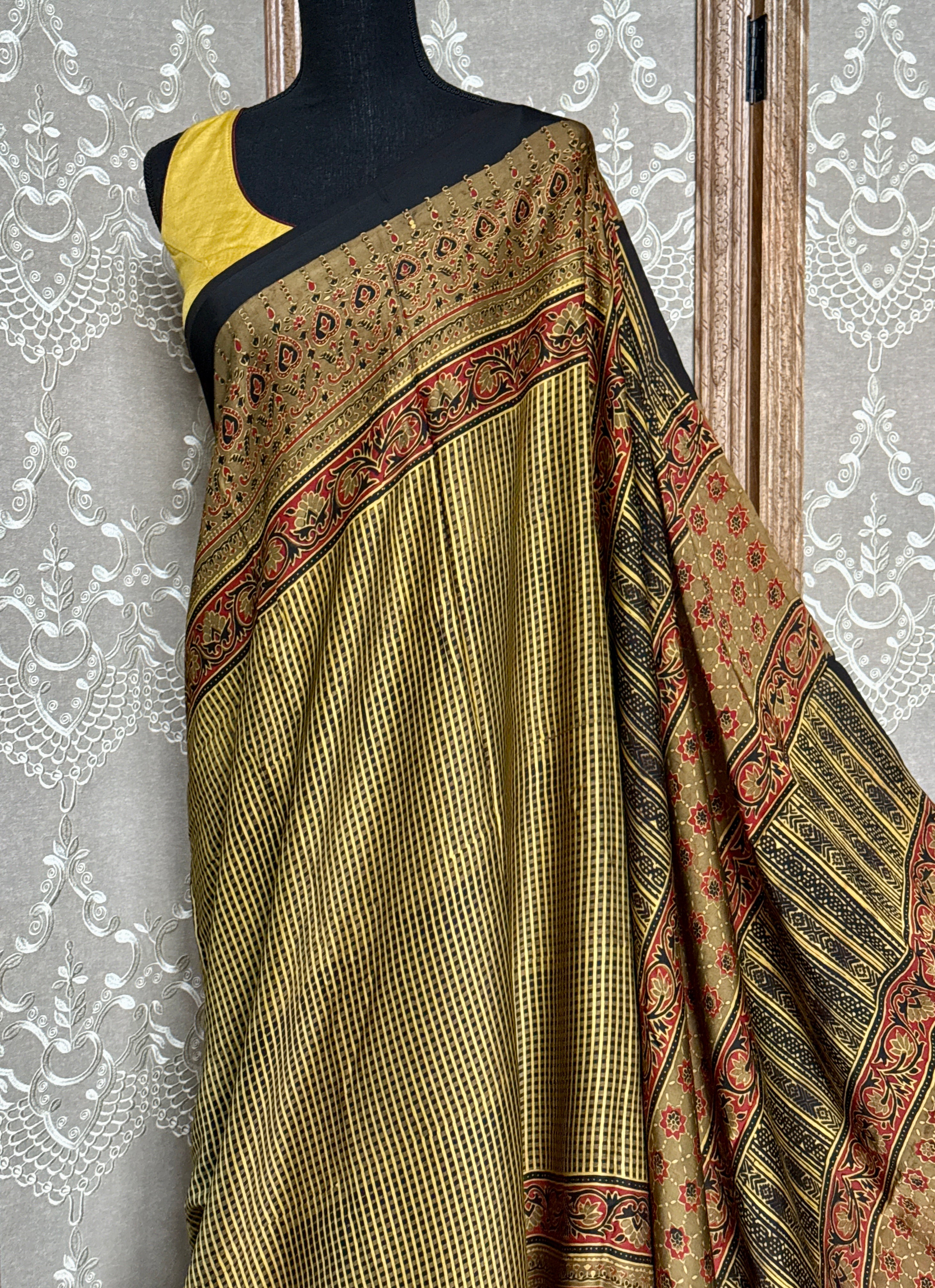 Modal Silk Ajrakh - Greenish Yellow Black Checkered