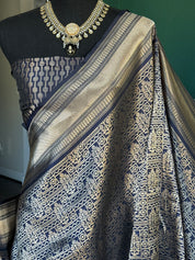 Pure Silk Katan Brocade Banarasi- Black Blue Golden Zari