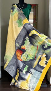 Pure Tussar Silk - Light Lemon Yellow Hand Painted