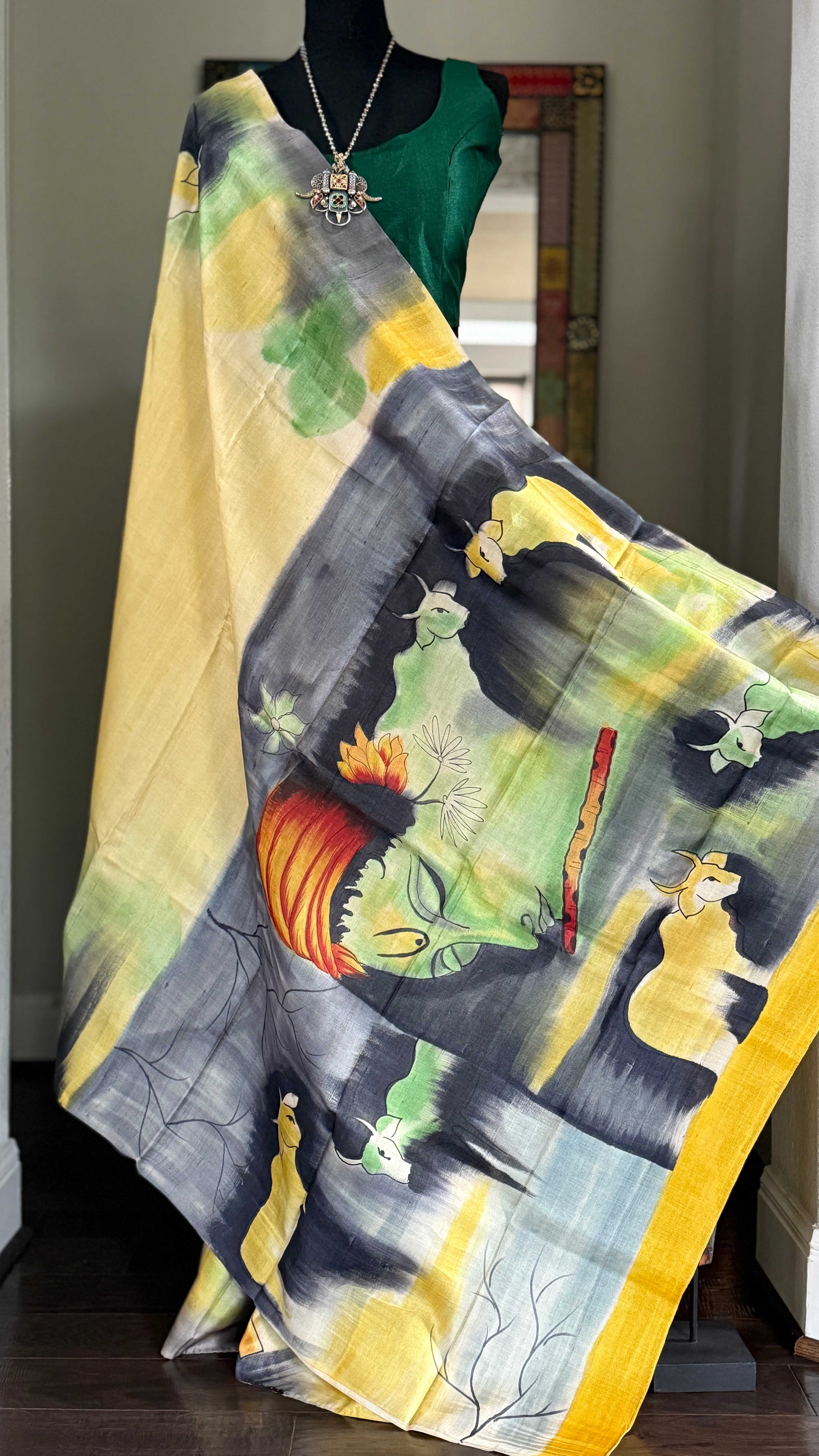 Pure Tussar Silk - Light Lemon Yellow Hand Painted