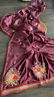 Designer Muga Embroidered - Wine Maroon