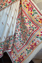 Pure Tussar Silk Kantha Stitch -  Beige Multi color