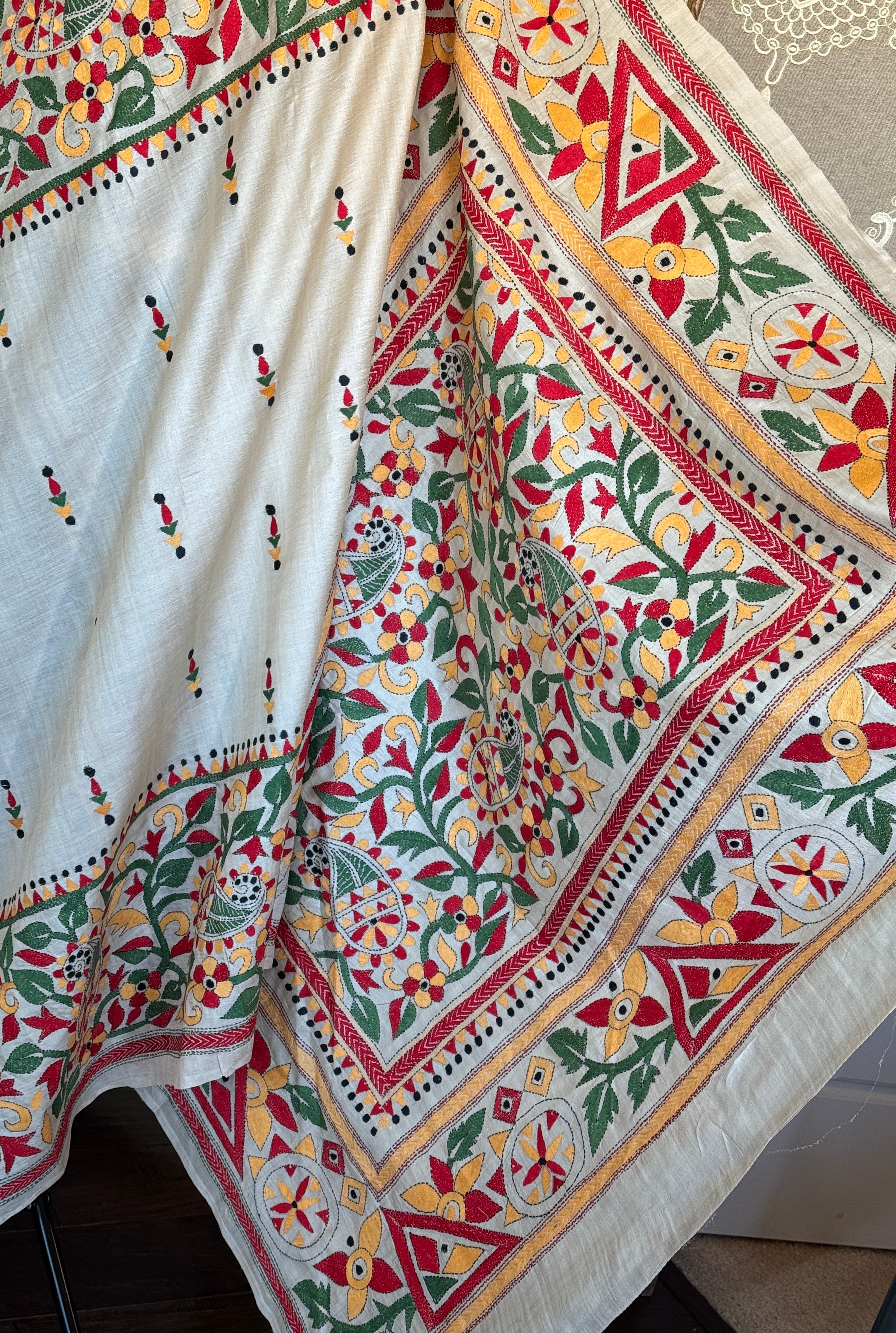Pure Tussar Silk Kantha Stitch -  Beige Multi color