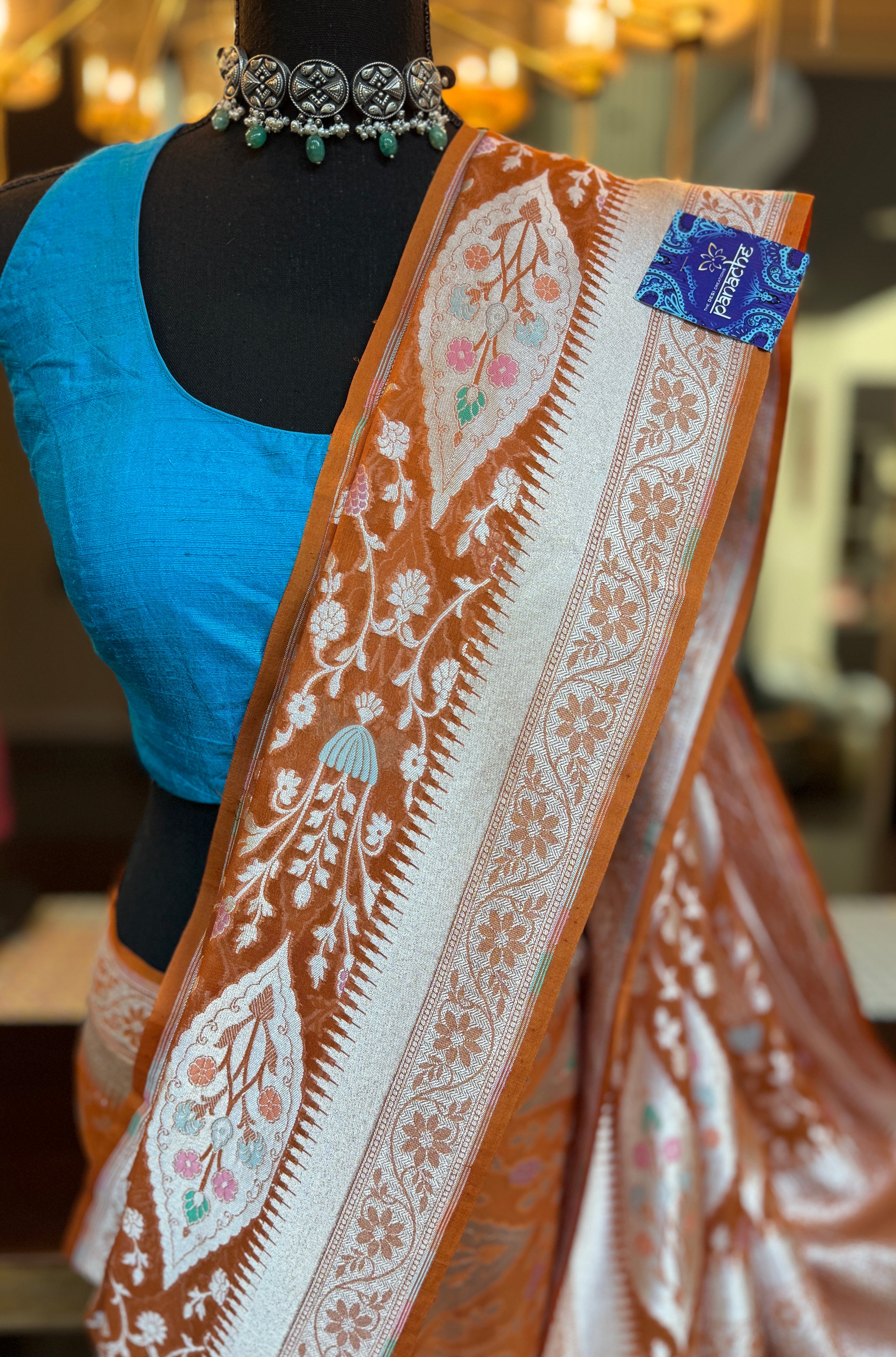 Khaddi Georgette Banarasi - Light Orange Hand Brush Painted