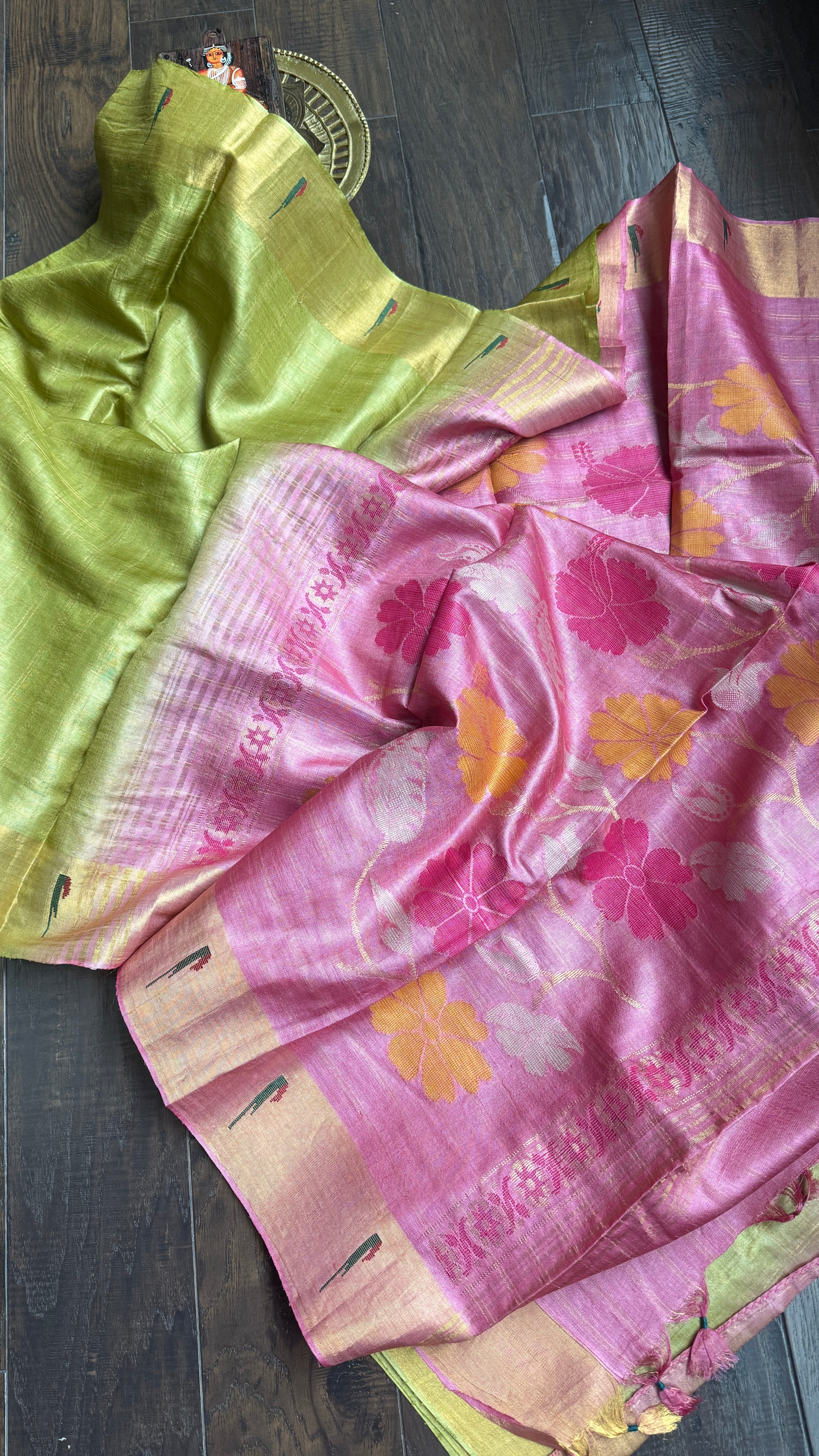 Tussar Silk Paithani Single Munia - Henna Green Handwoven