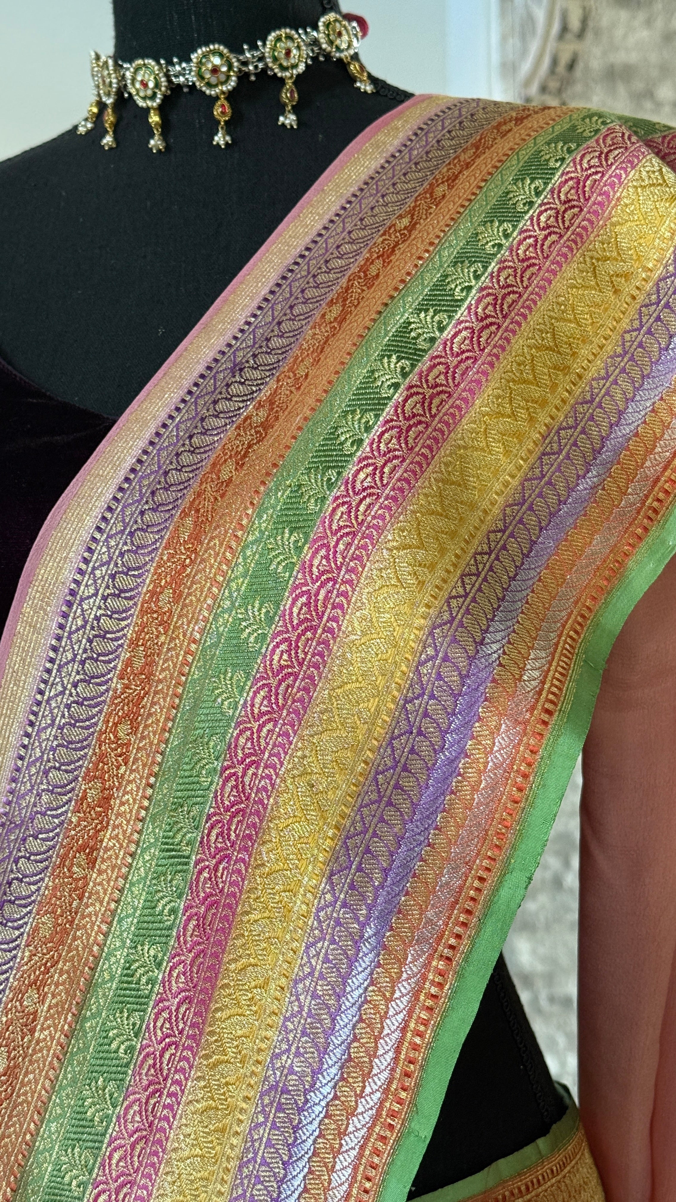 Khaddi Georgette Banarasi - Pink Multi color Hand Brushed