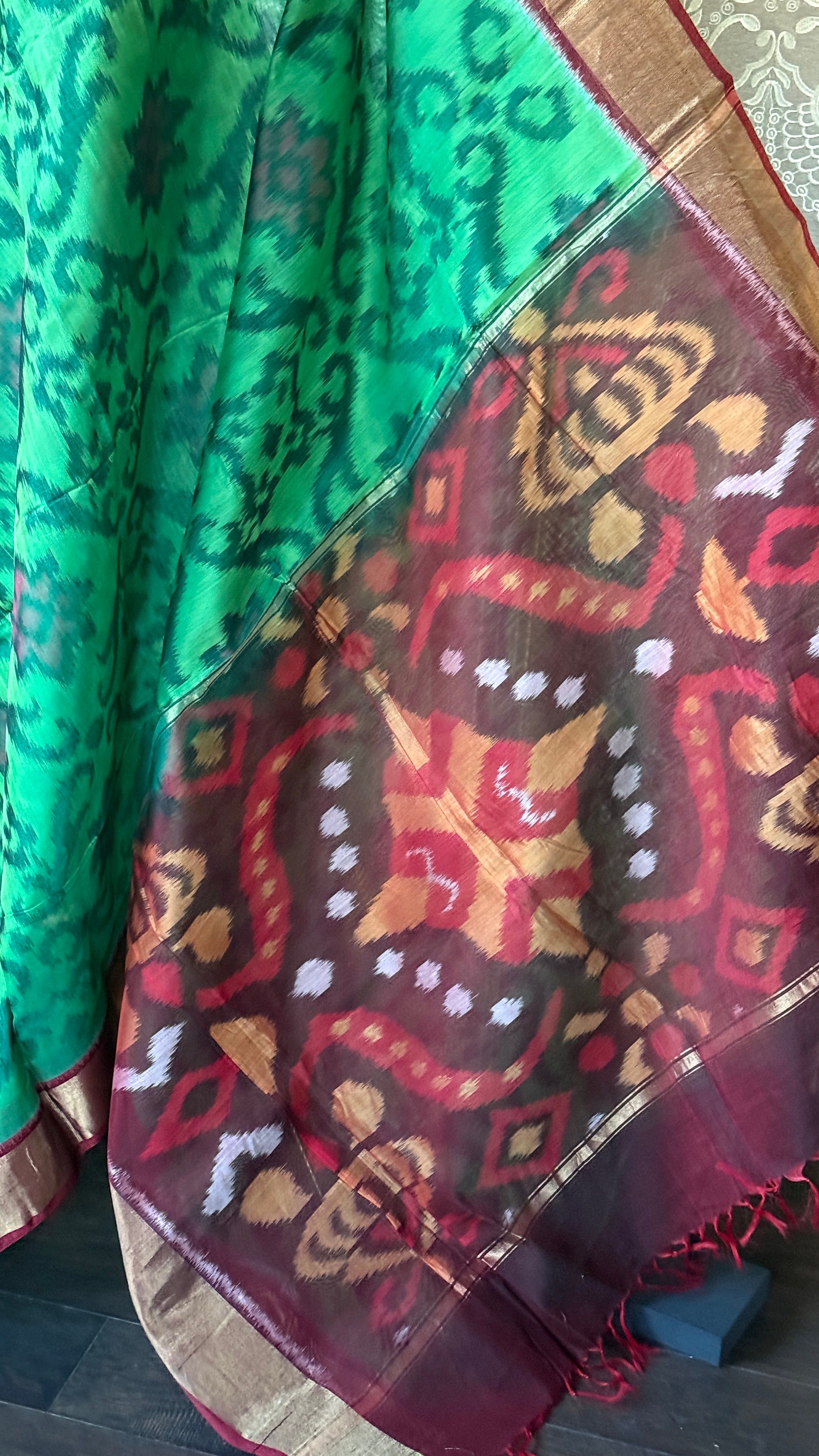 Pure Cotton Silk Ikat - Green Burgundy
