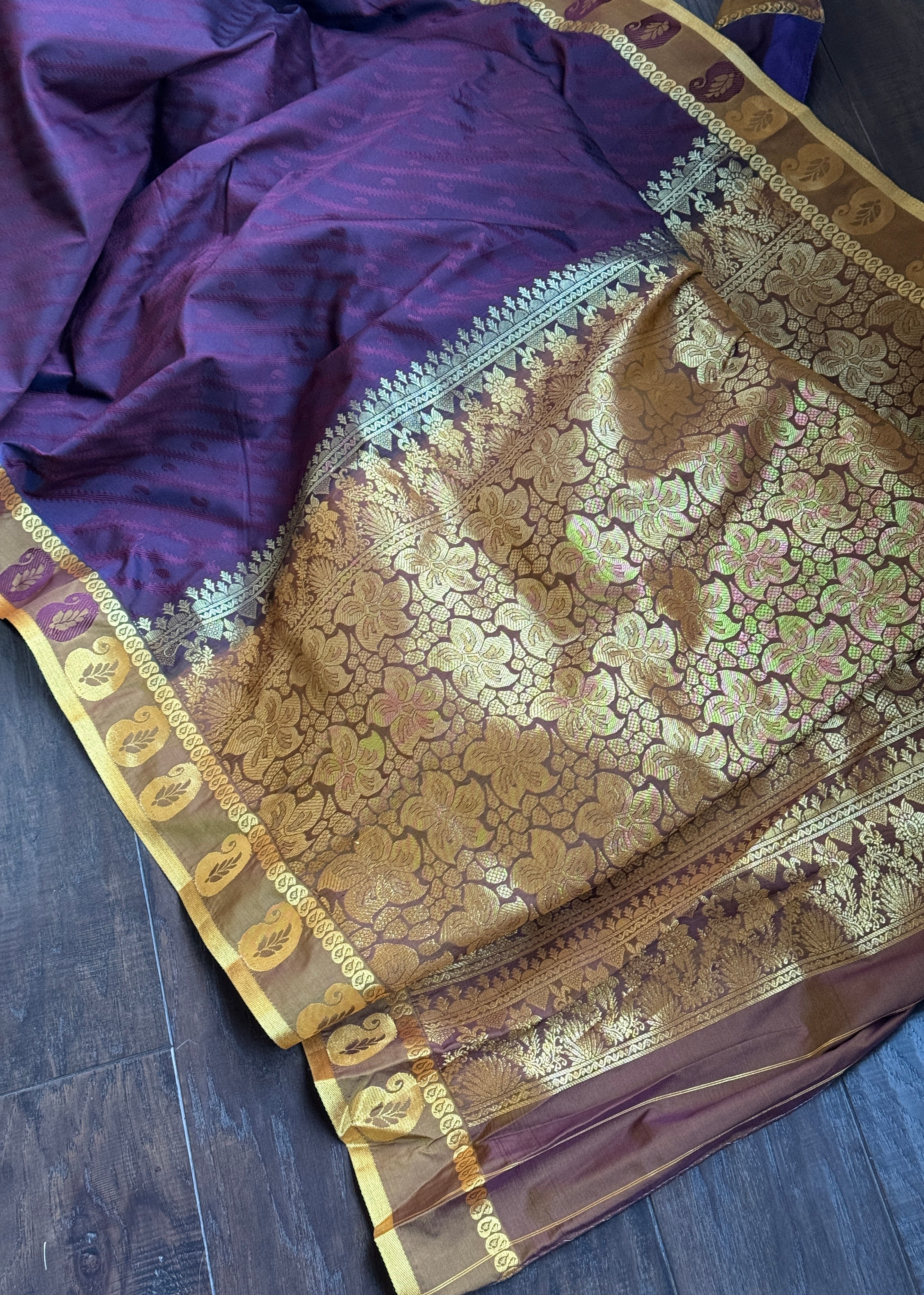 Soft Silk Kanjivaram - Wine color Tanchoi Golden Zari