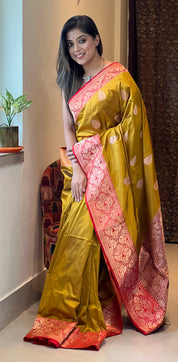 Pure Silk Katan Banarasi- Ochre Yellow Red