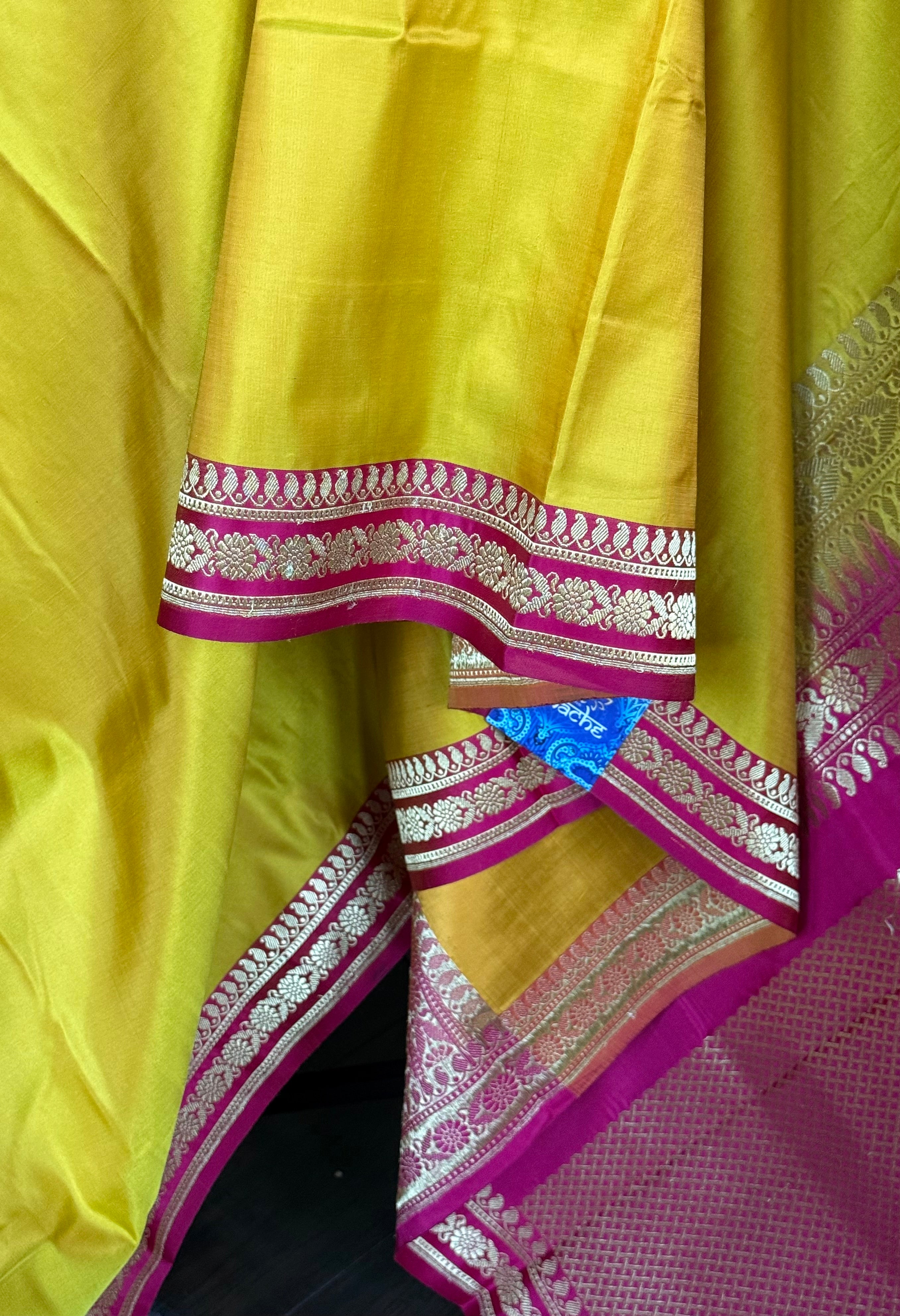 Pure Silk Mashru Banarasi- Yellow Magenta Pink Red