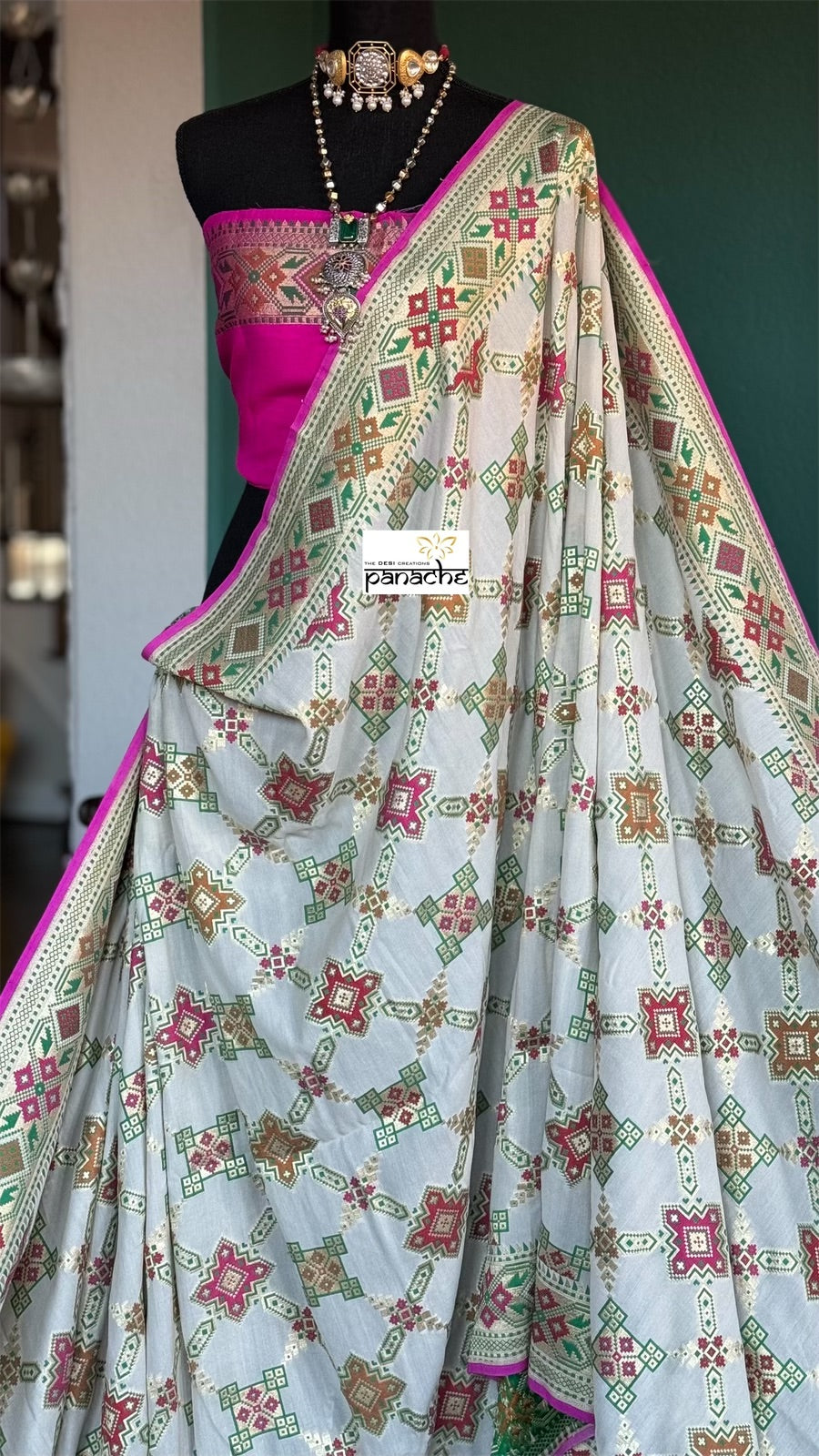 Khaddi Muga Silk Tilfi Banarasi - Beige Pink Patola Woven