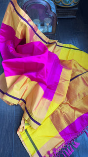 Pure Chanderi Pattu Silk - Hot Pink Yellow