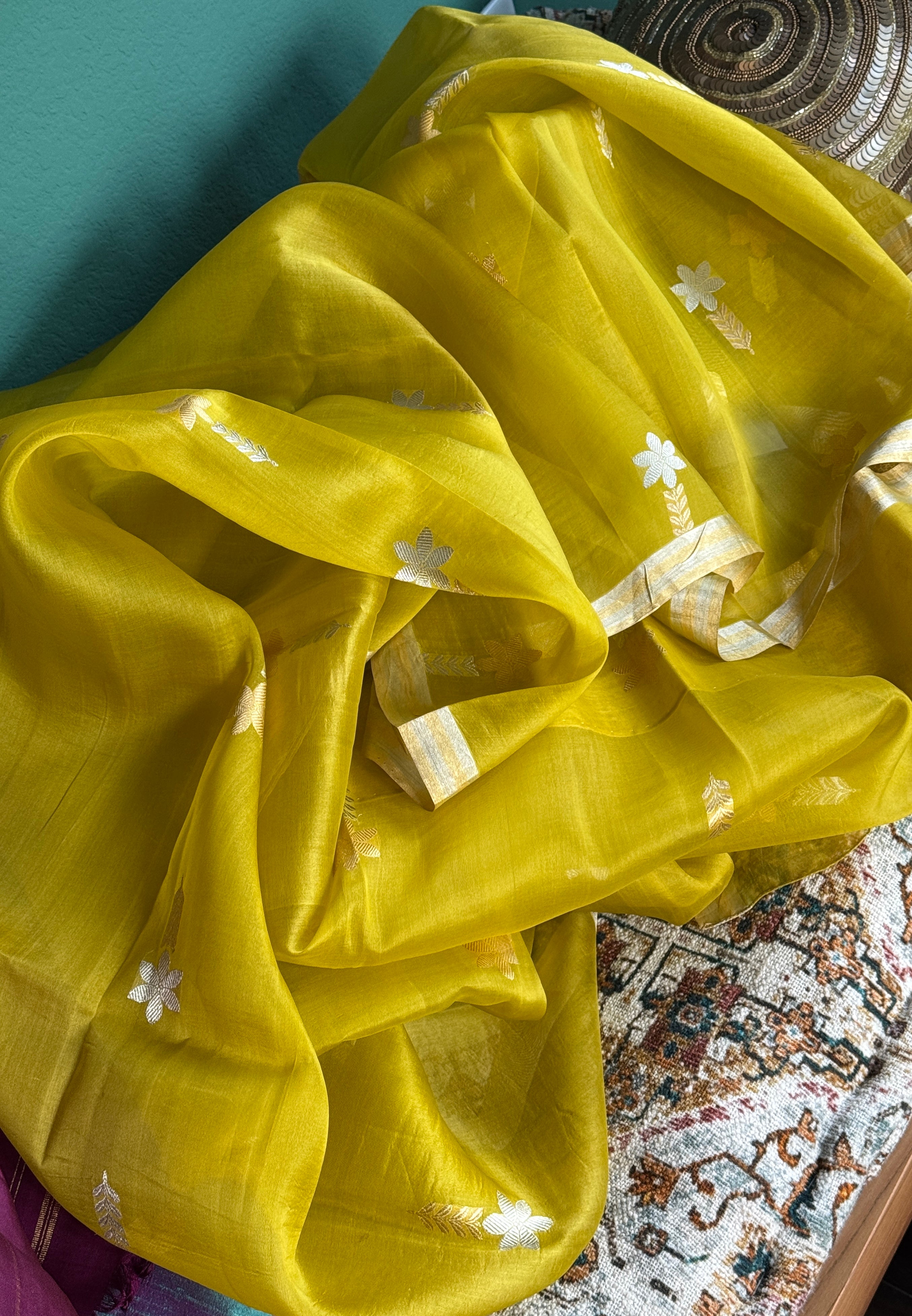 Pure Kora Silk Banarasi - Ochre Green Kadhua