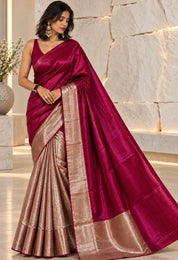 Chanderi Tissue Silk - Magenta Purple Golden woven