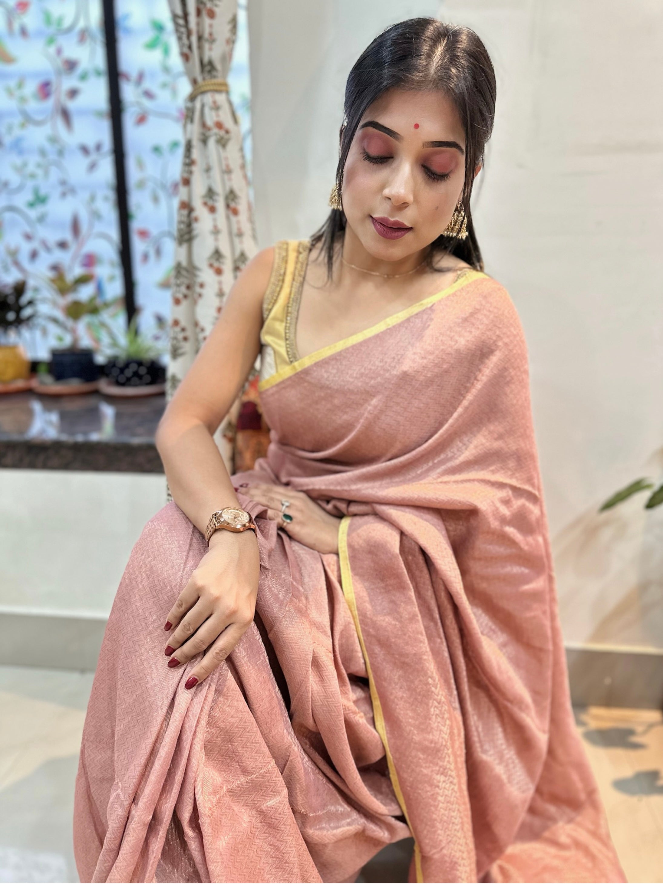 Pure Khadi Matka Cotton Brocade - Dusty Pink Color Handwoven