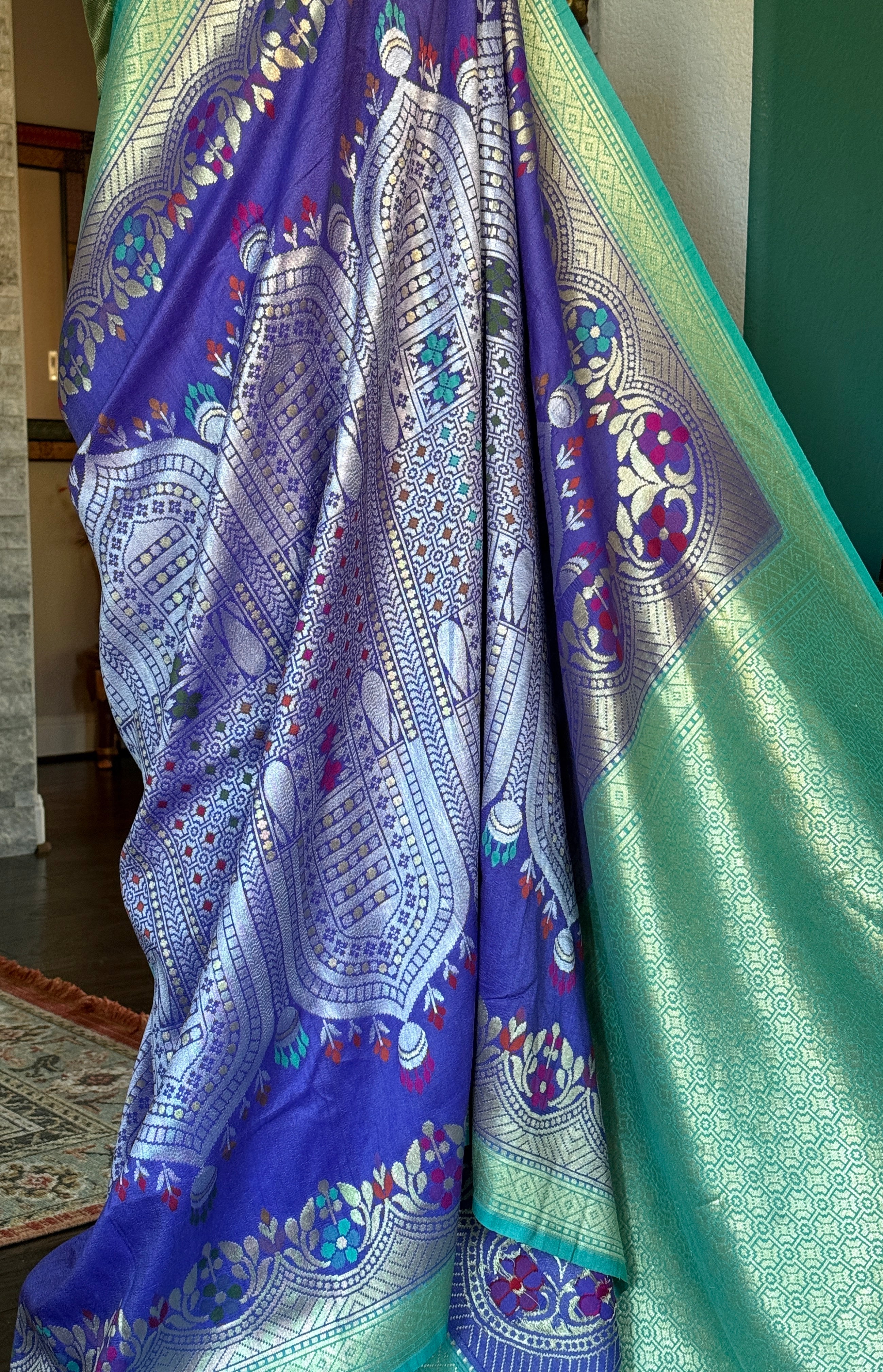 Tussar Georgette Banarasi - Purple Blue Mughal Inspired