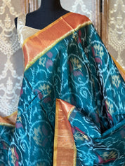 Pure Cotton Silk Ikat - Teal Green Orange