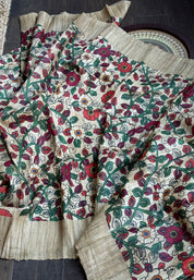 Pure Gicha Tussar Silk Printed - Beige Red Green Kalamkari