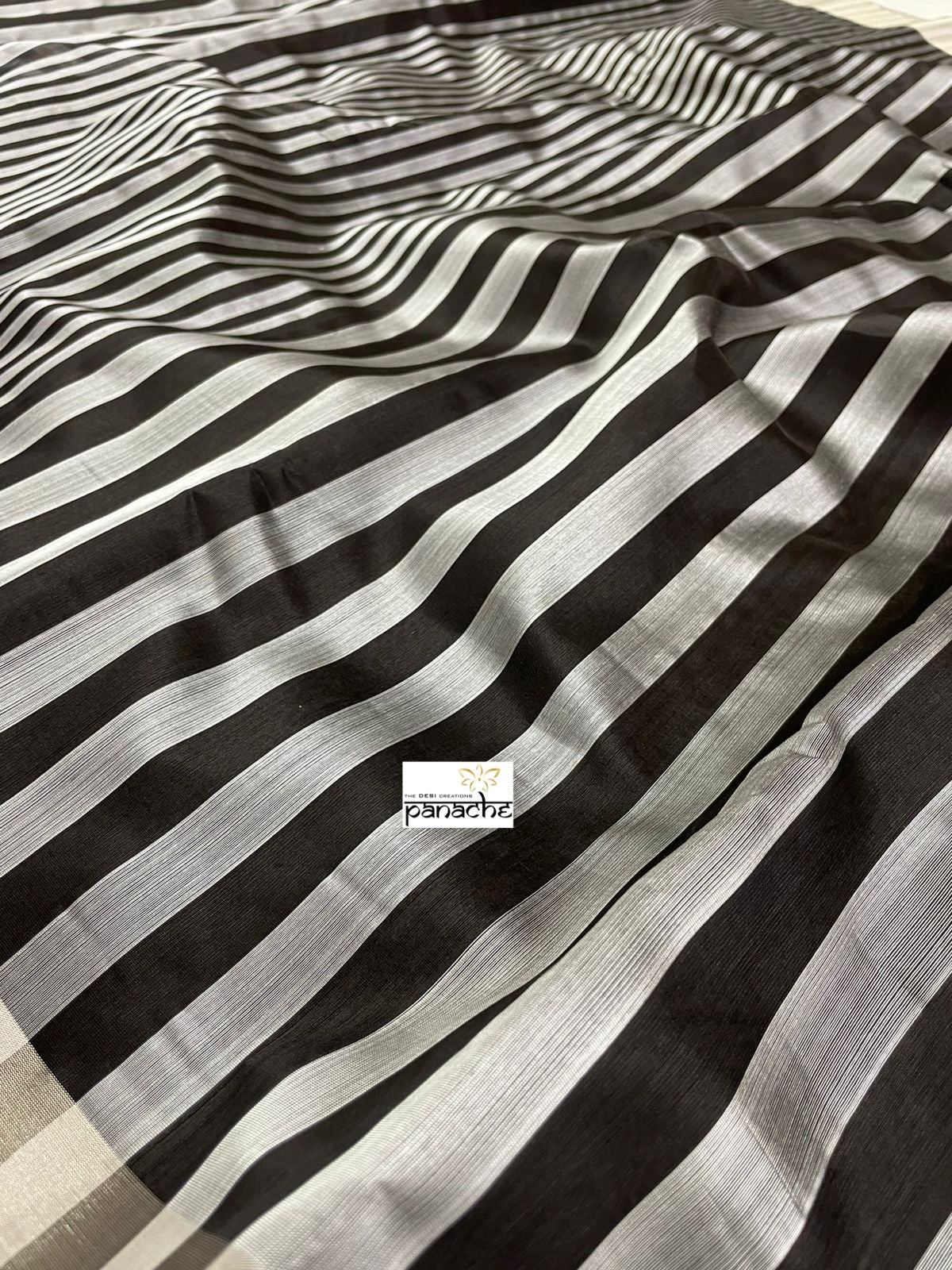 Pure Chanderi Pattu Silk - Black Silver Zari Striped woven