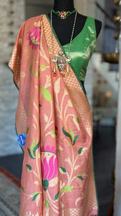 Khaddi Tussar Banarasi -  Gajri Pink Green Paithani