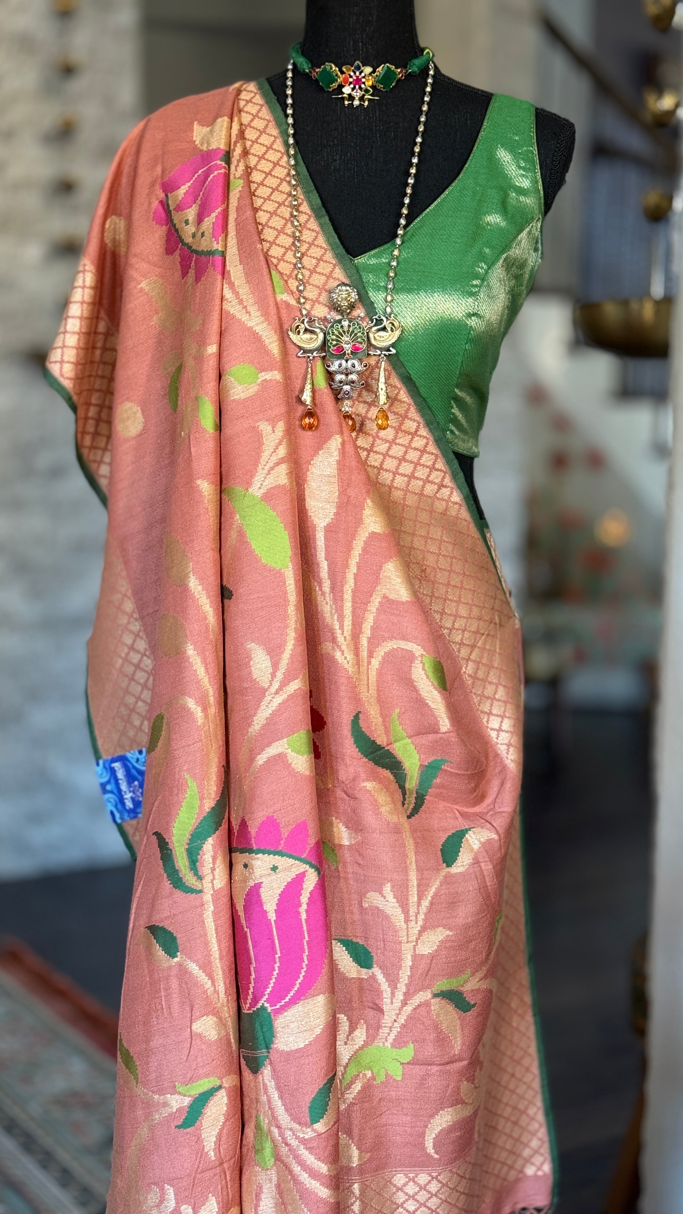 Khaddi Tussar Banarasi -  Gajri Pink Green Paithani