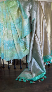Designer Soft Silk Brocade Banarasi - Sea Green Pista Golden Tie-Dye