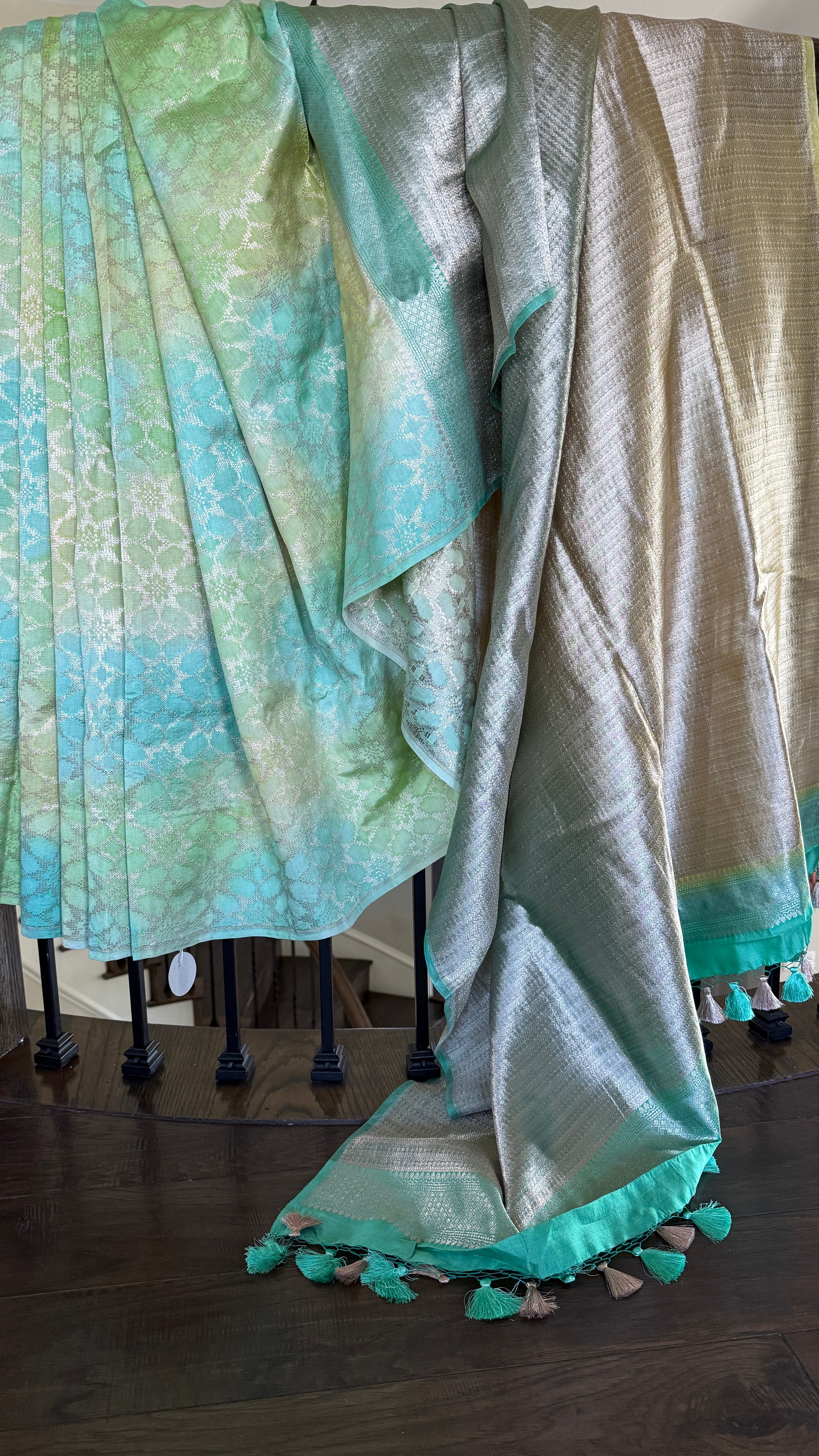 Designer Soft Silk Brocade Banarasi - Sea Green Pista Golden Tie-Dye