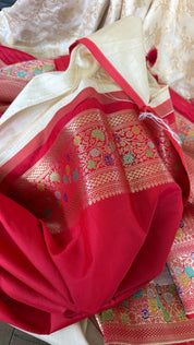 Soft Silk Banaras Saree - Cream Red
