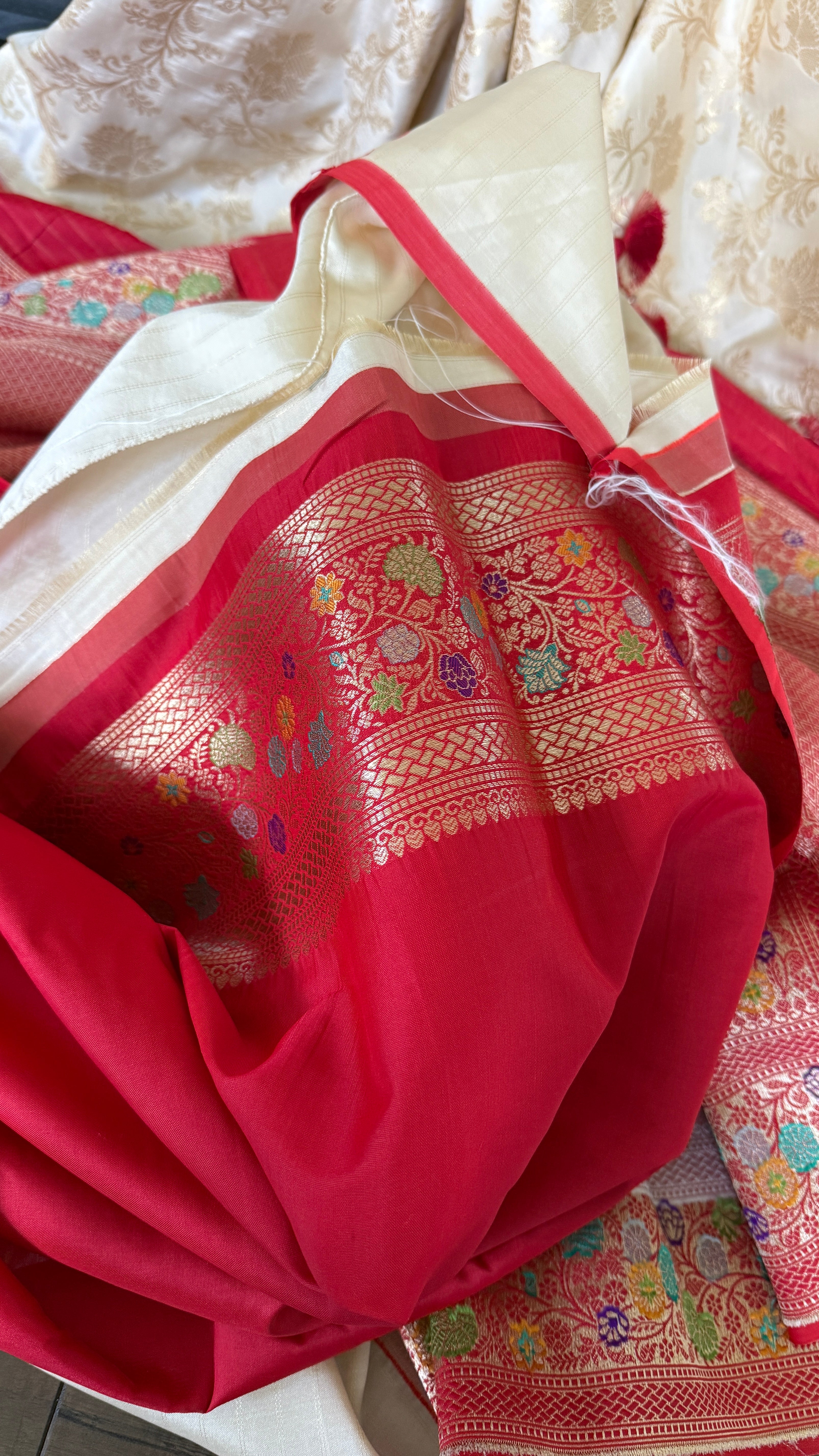 Soft Silk Banaras Saree - Cream Red