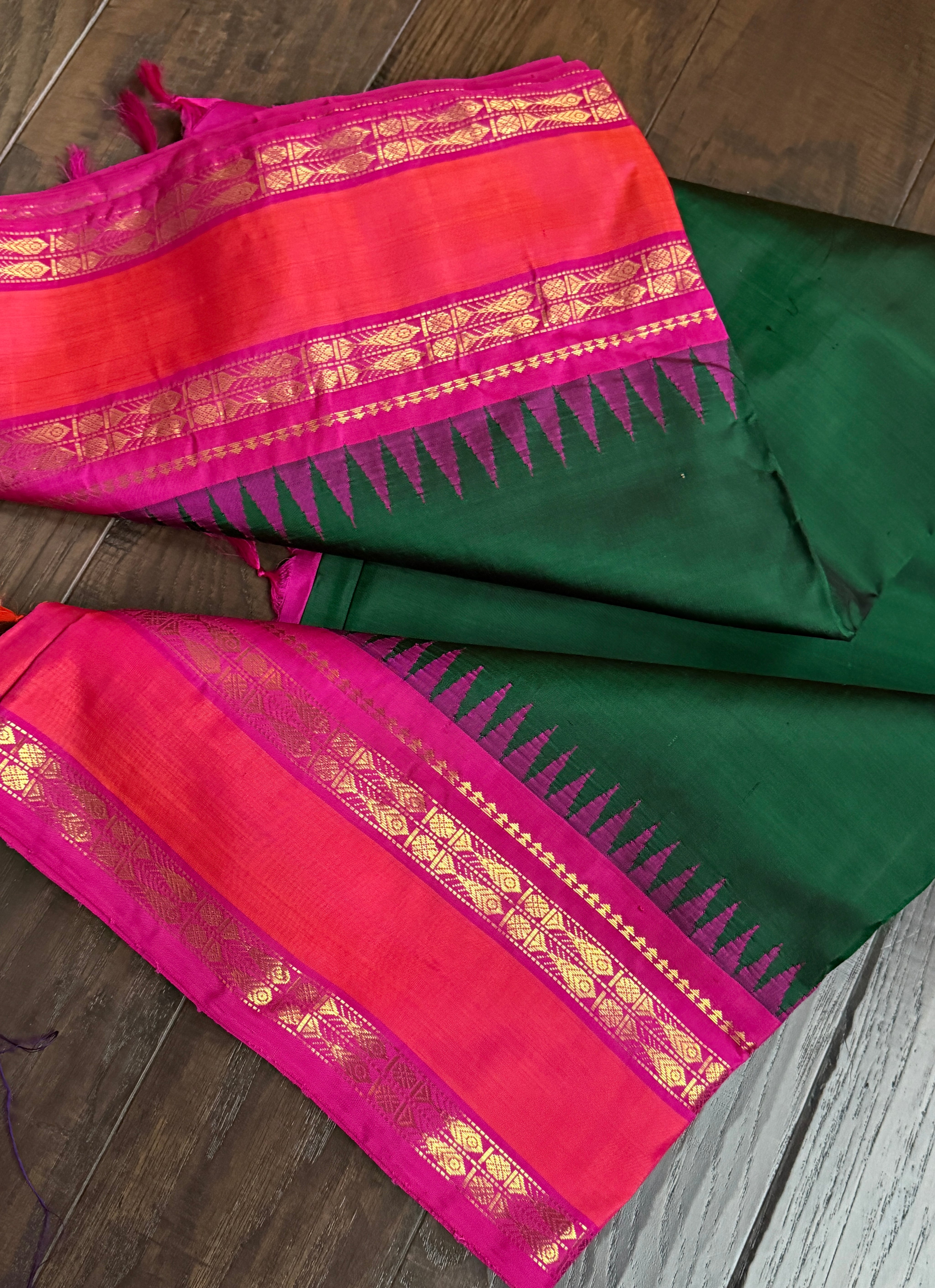 Pure Silk Kanjivaram - Dark Green Orange Magenta 2g Pure Zari