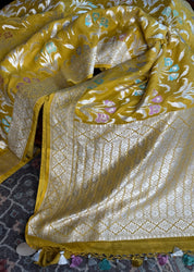 Khaddi Georgette Banarasi - Lime Yellow Meenakari