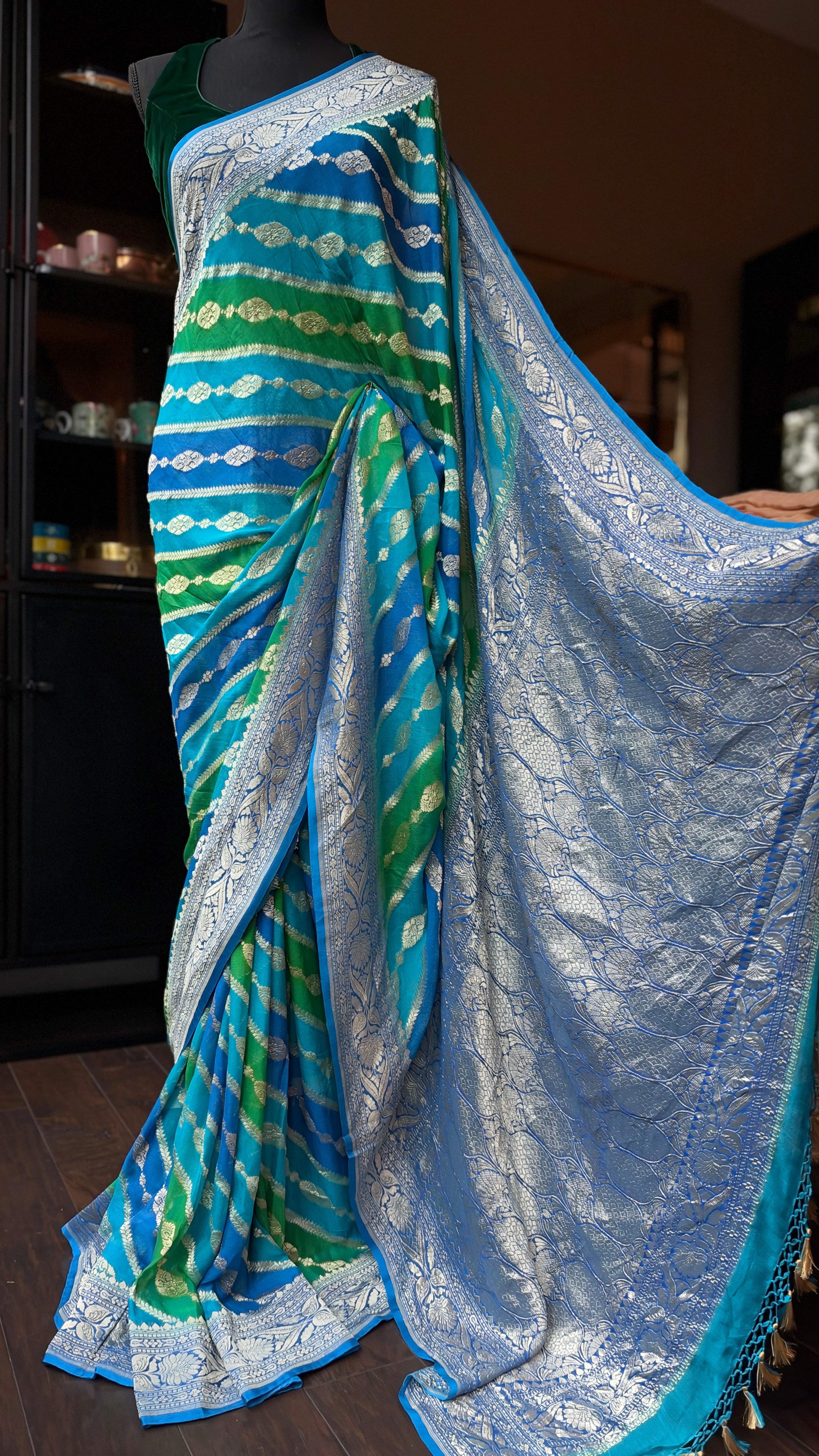 Khaddi Georgette Banarasi - Firozi Blue Green Multi color Rangkat