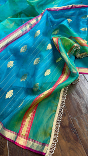 Pure Chanderi Organza Silk - Firozi and Green Shaded