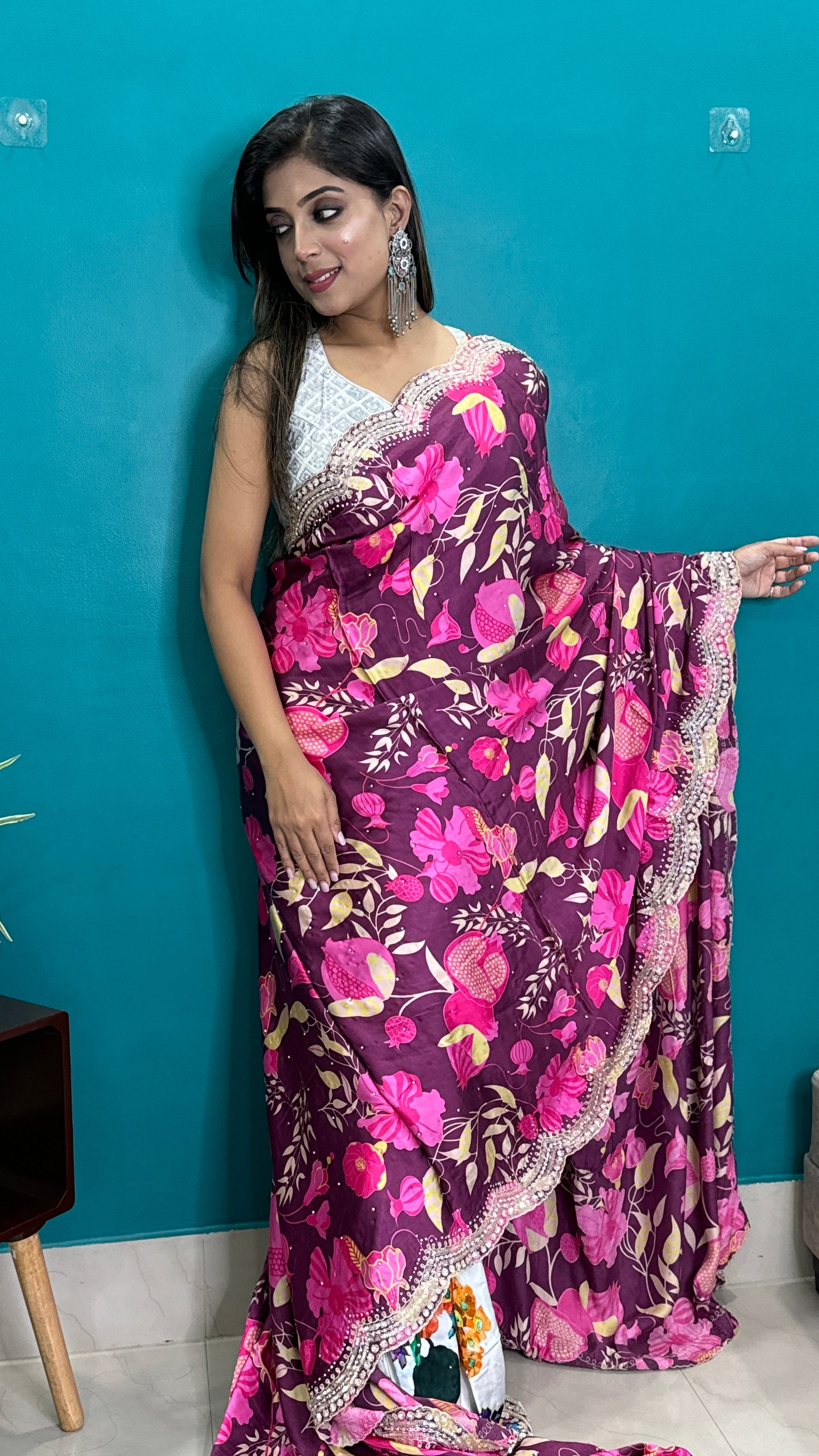 Designer Crepe Satin - Wine Maroon Multi Color