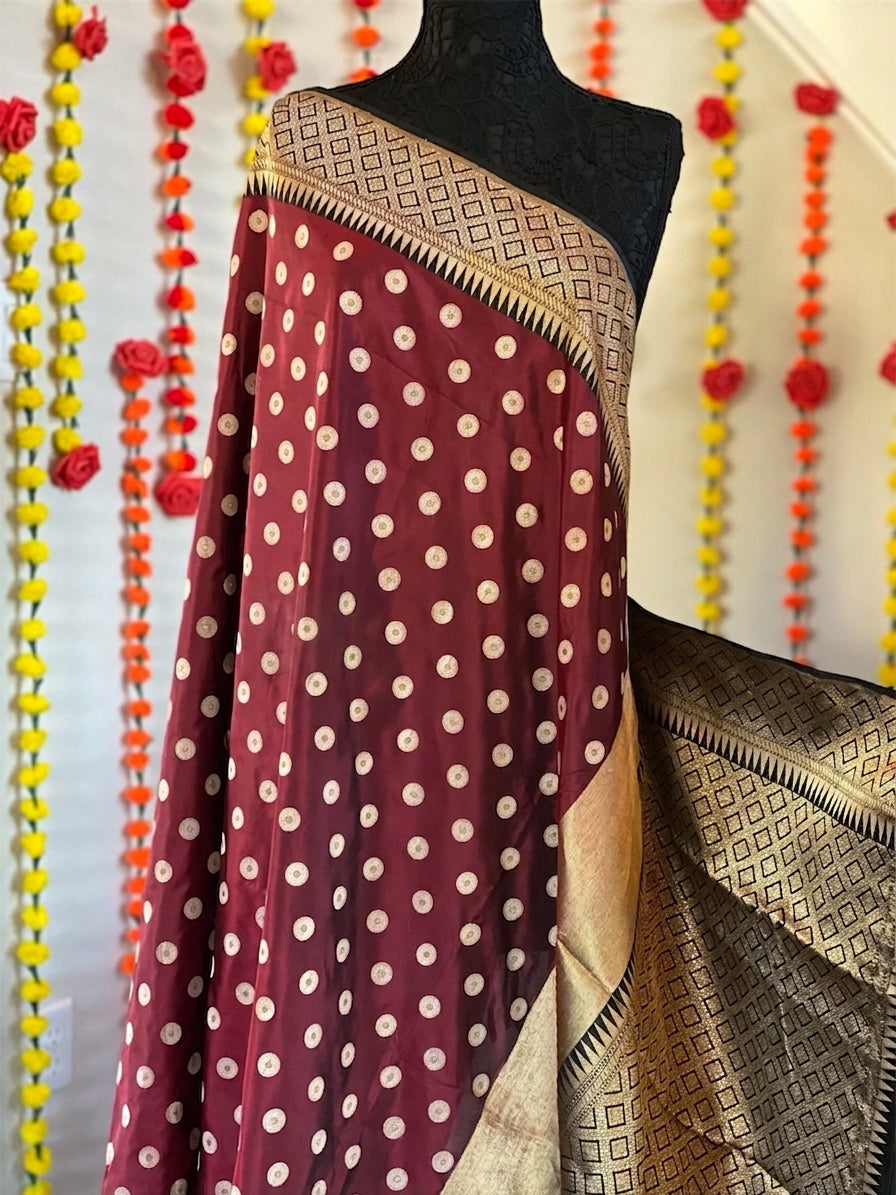 Pure Silk Katan Banarasi - Wine Maroon Black