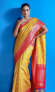 Pure Silk Katan Banarasi- Yellow Red Kadhua