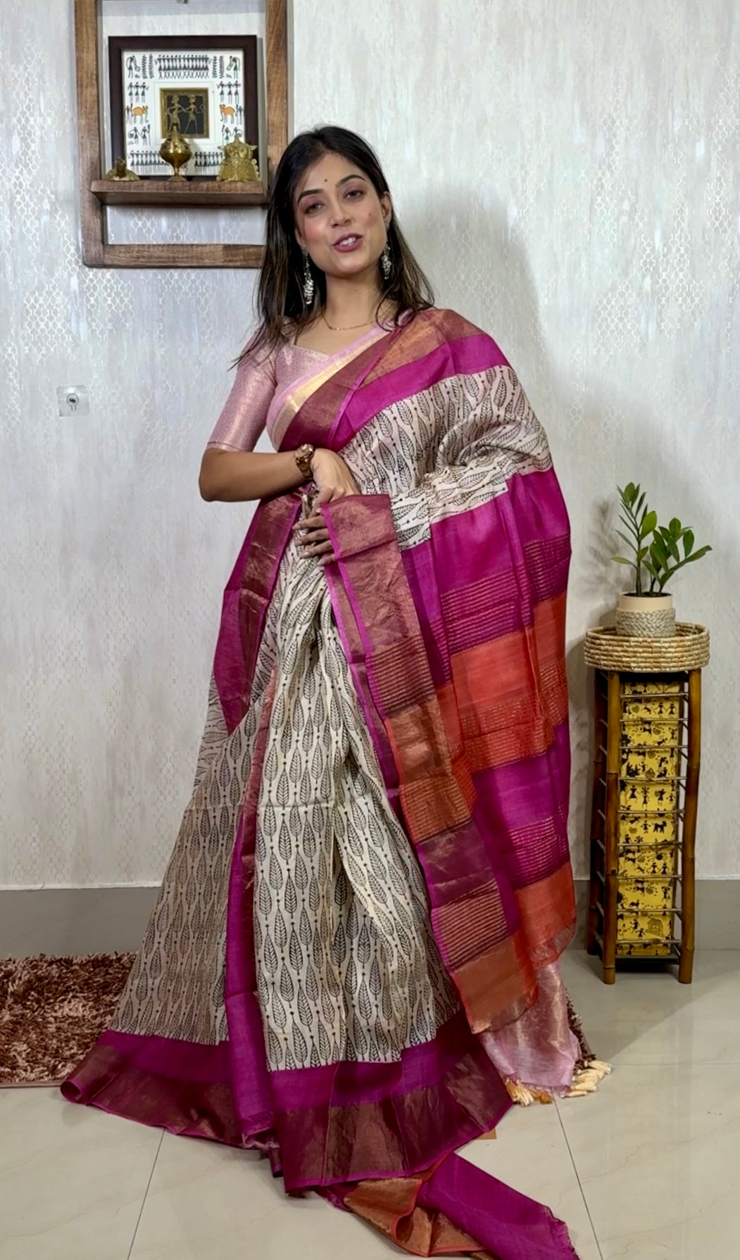 Pure Tussar Silk - Beige Black Pink Hand-Block Printed