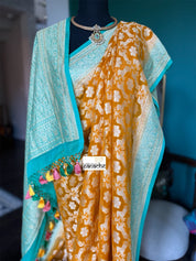 Khaddi Georgette Banarasi - Burnt Yellow Gold Sea Green