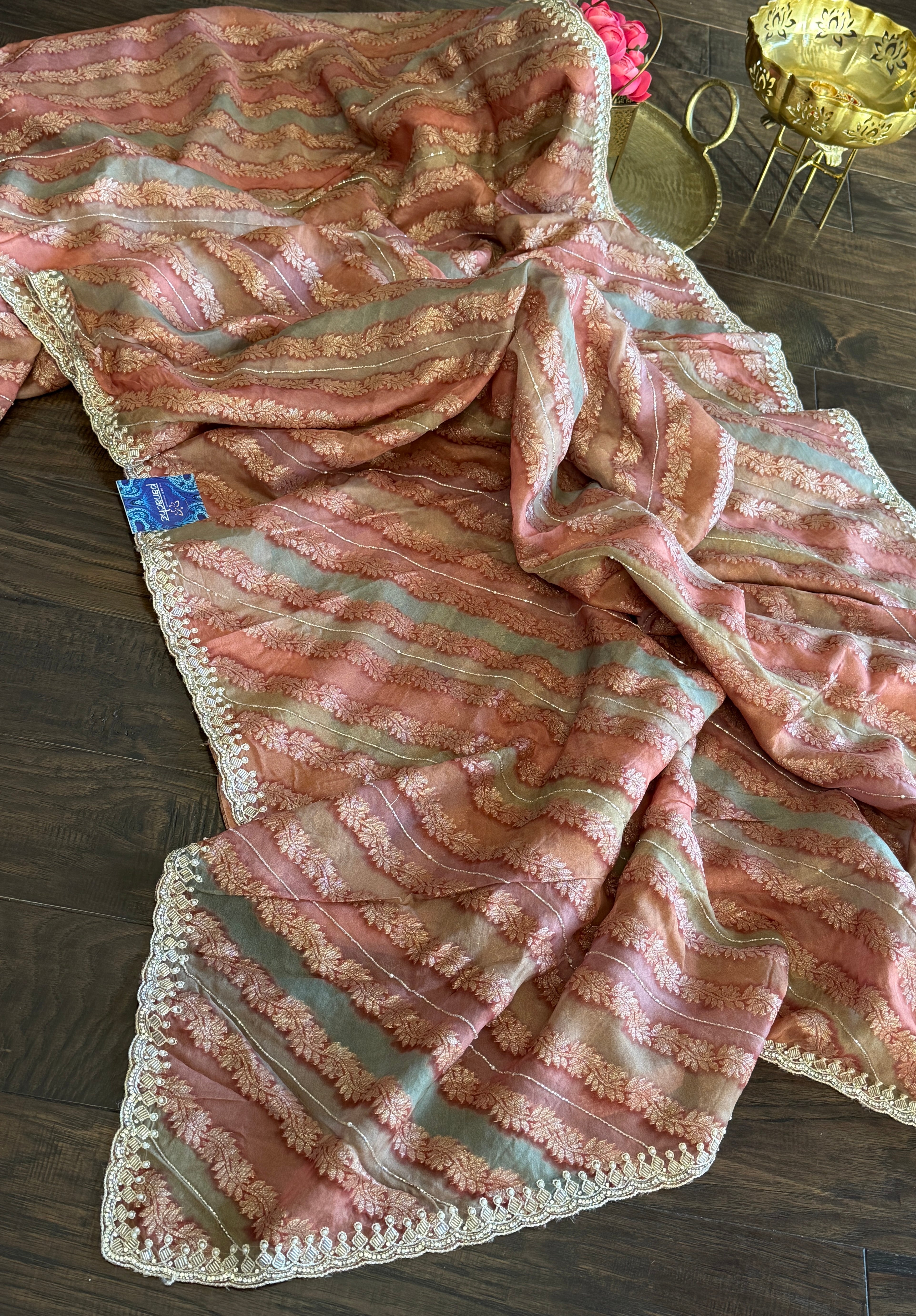 Designer Organza Leheriya - Light Rust Pink Multi Color