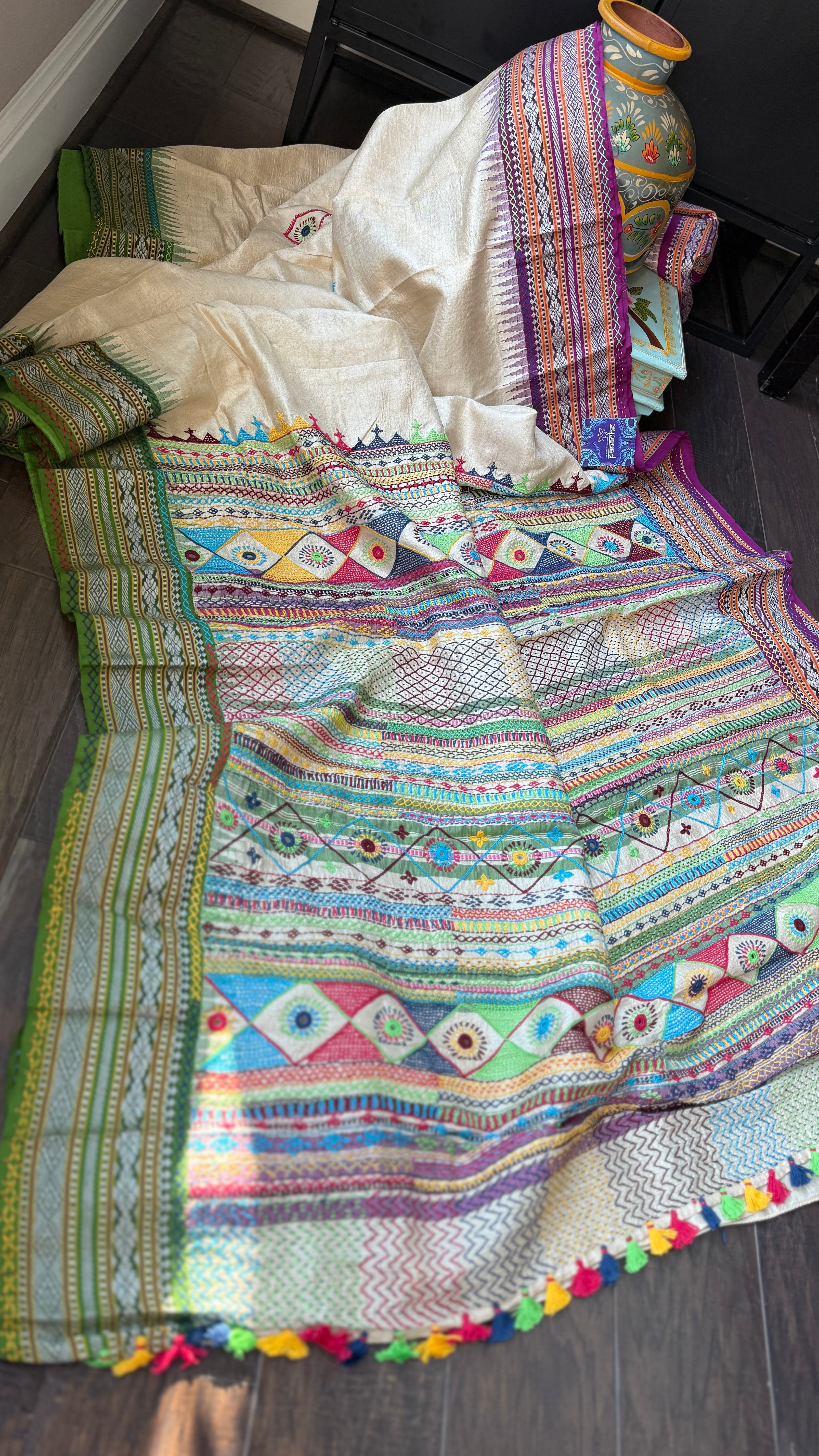 Pure Vidarbha Tussar Lambani - Beige Hand Embroidered