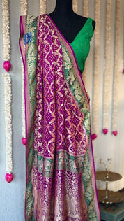Bandhej Khaddi Georgette Banarasi - Purple Green