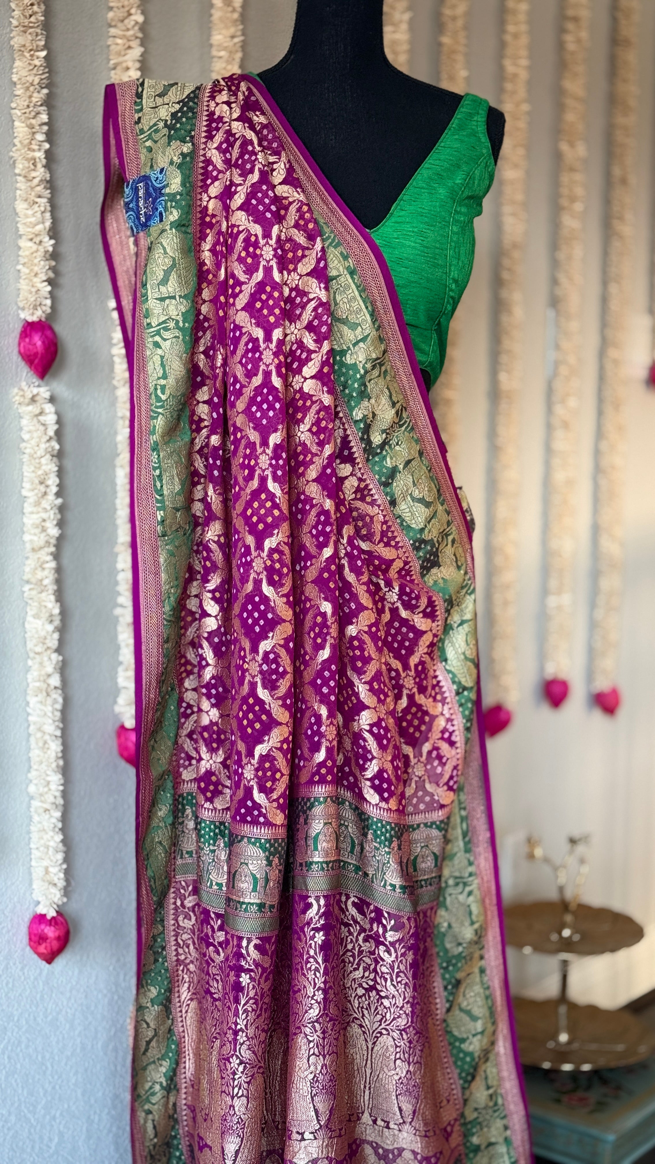 Bandhej Khaddi Georgette Banarasi - Purple Green