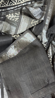 Linen Printed - Black White Silver Zari