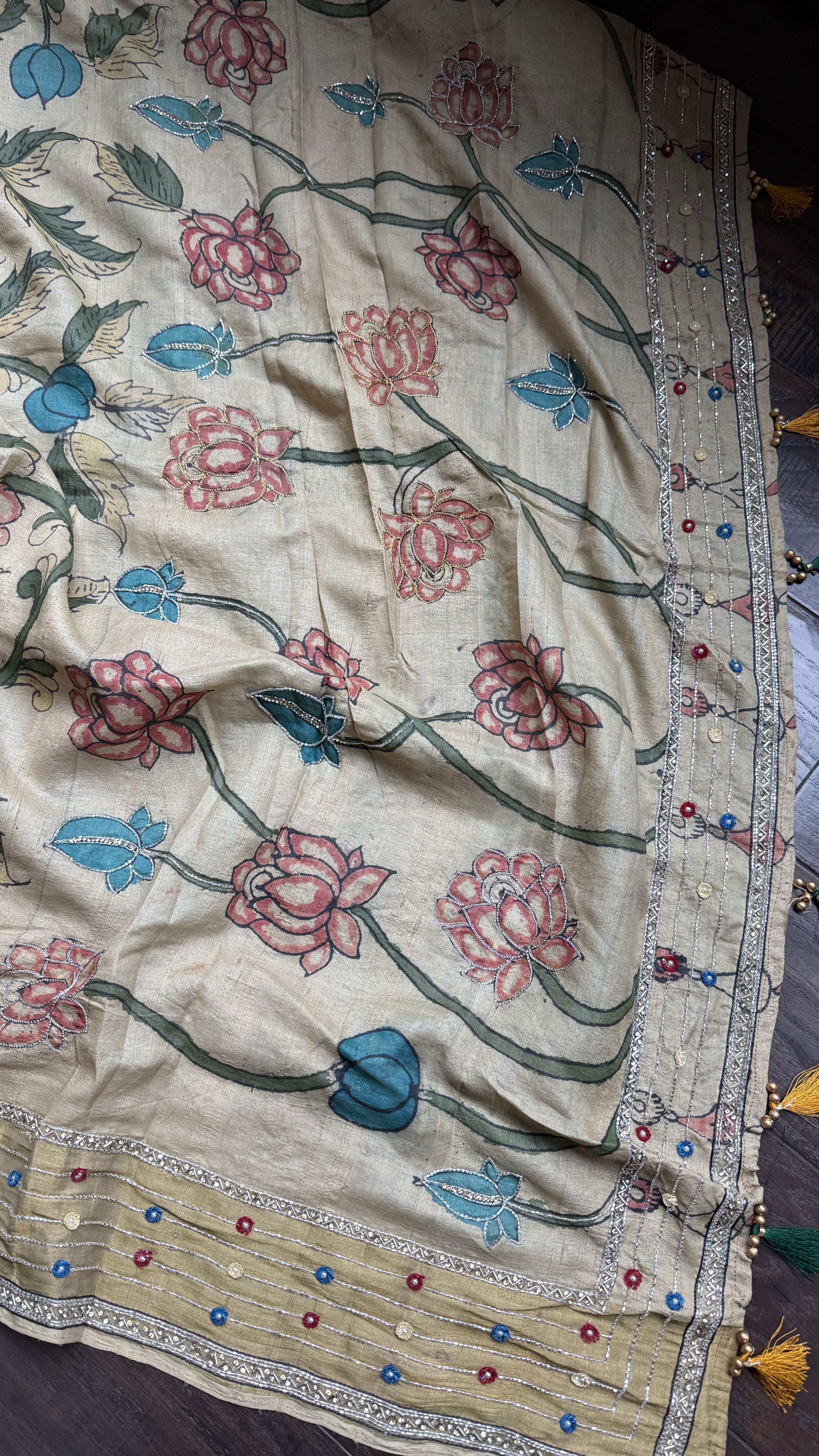 Pen Kalamkari Tussar Silk - Hand-Zardozi Beige Green