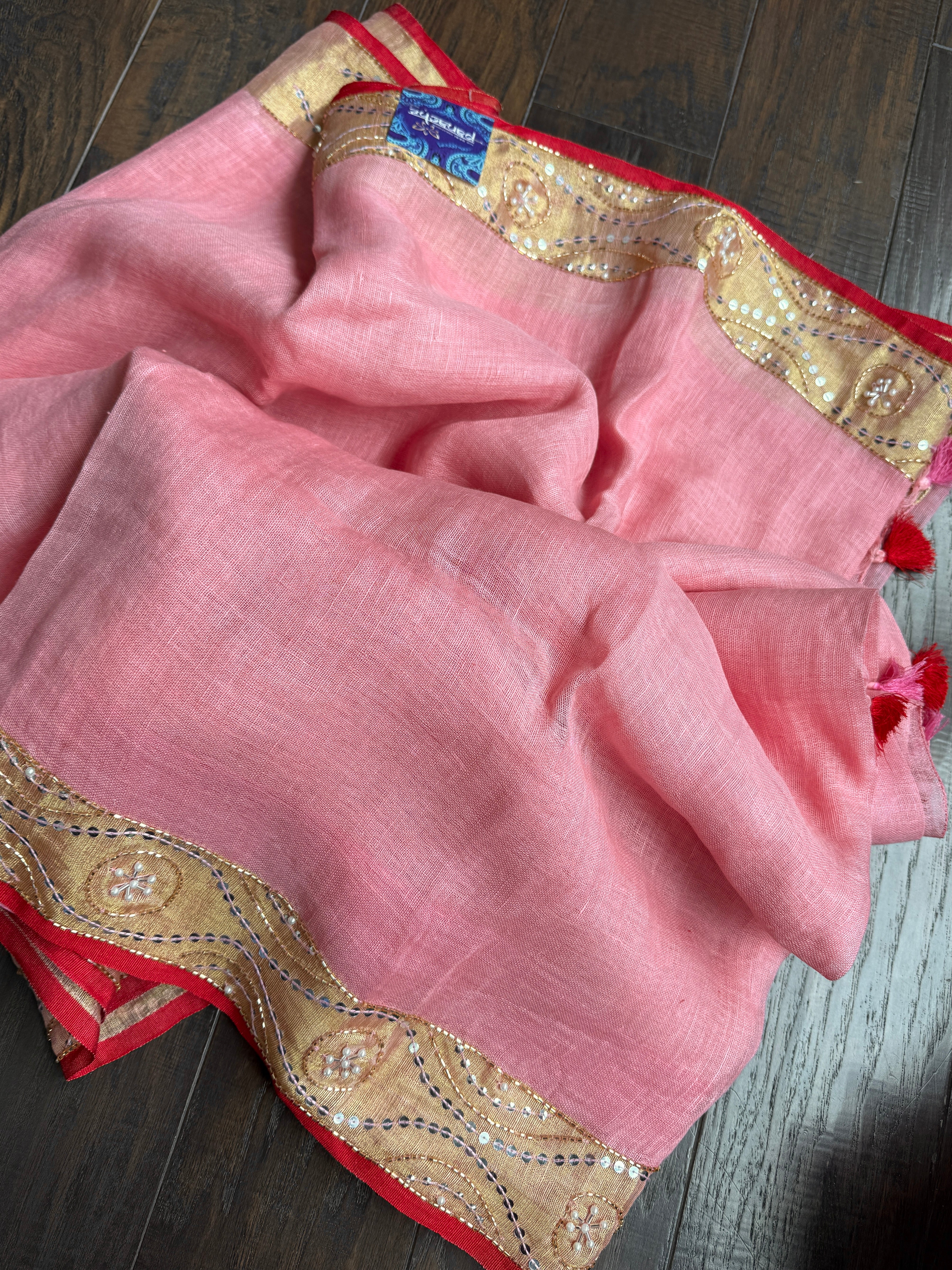 Designer Linen Sequin Embroidered - Peach Red
