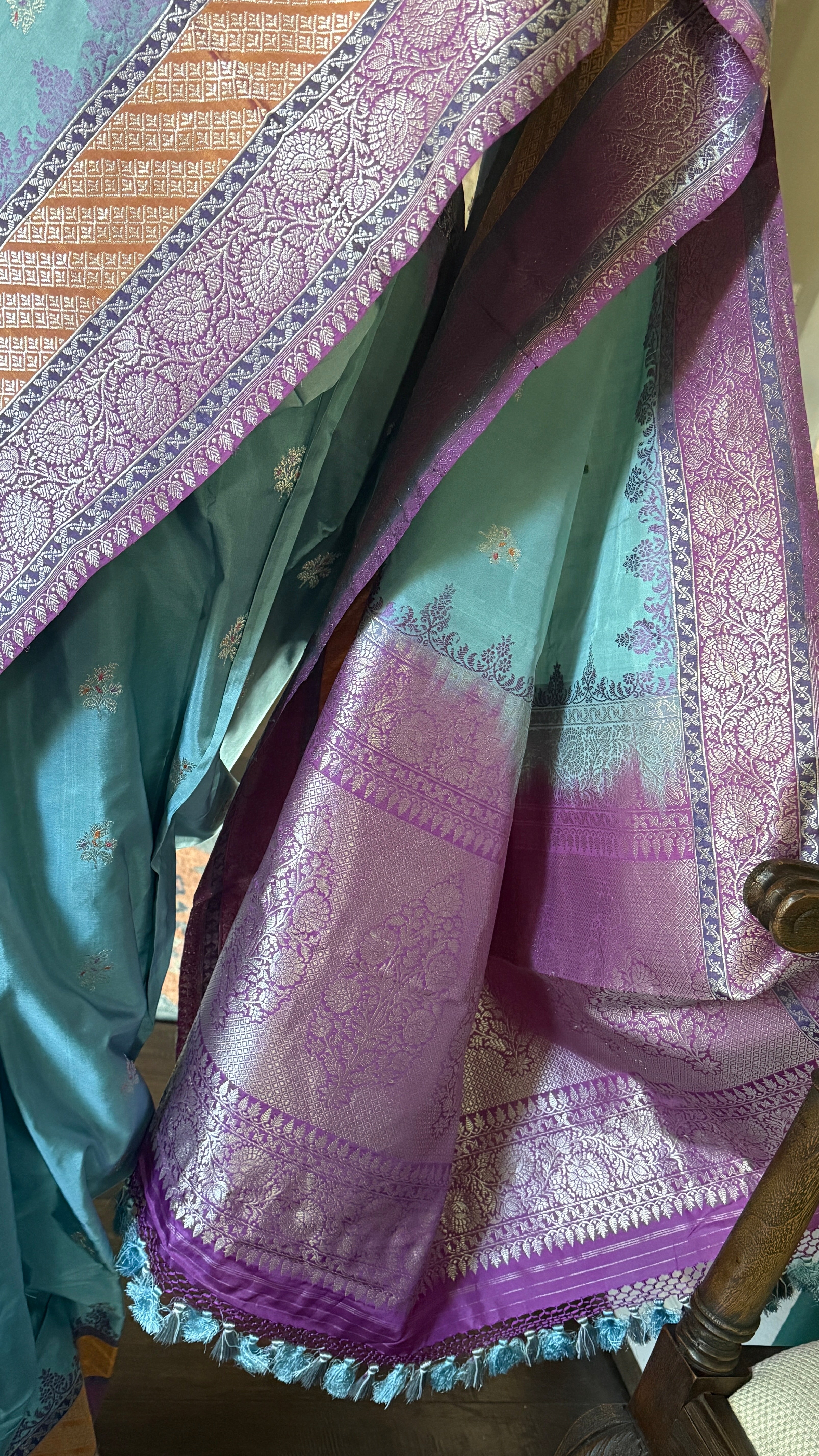 Pure Silk Katan Banarasi- Light Blue Kadhua Antique Silver Zari