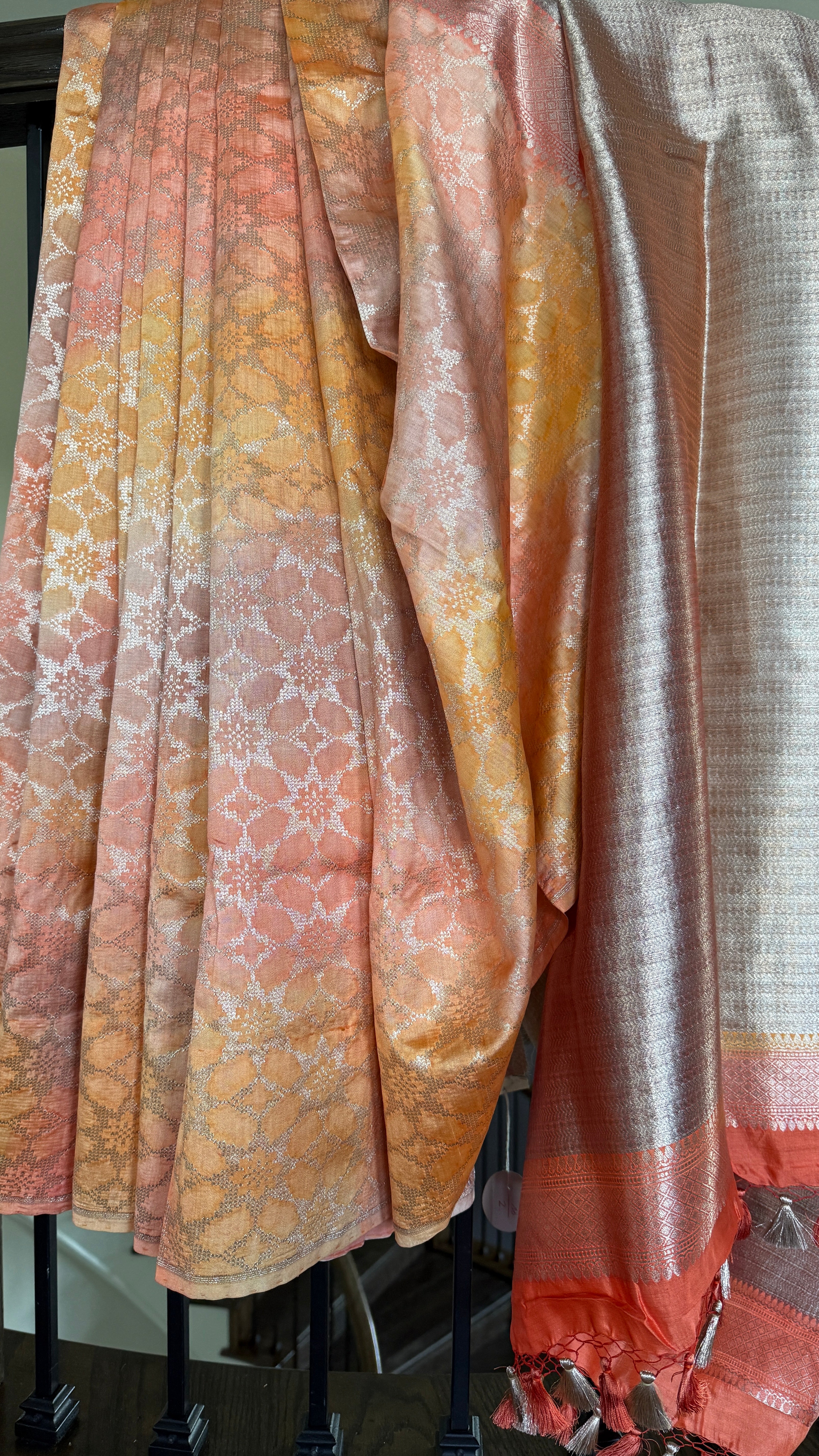 Designer Soft Silk Brocade Banarasi - Peach Pink Golden Tie-Dye
