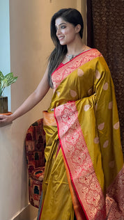 Pure Silk Katan Banarasi- Ochre Yellow Red