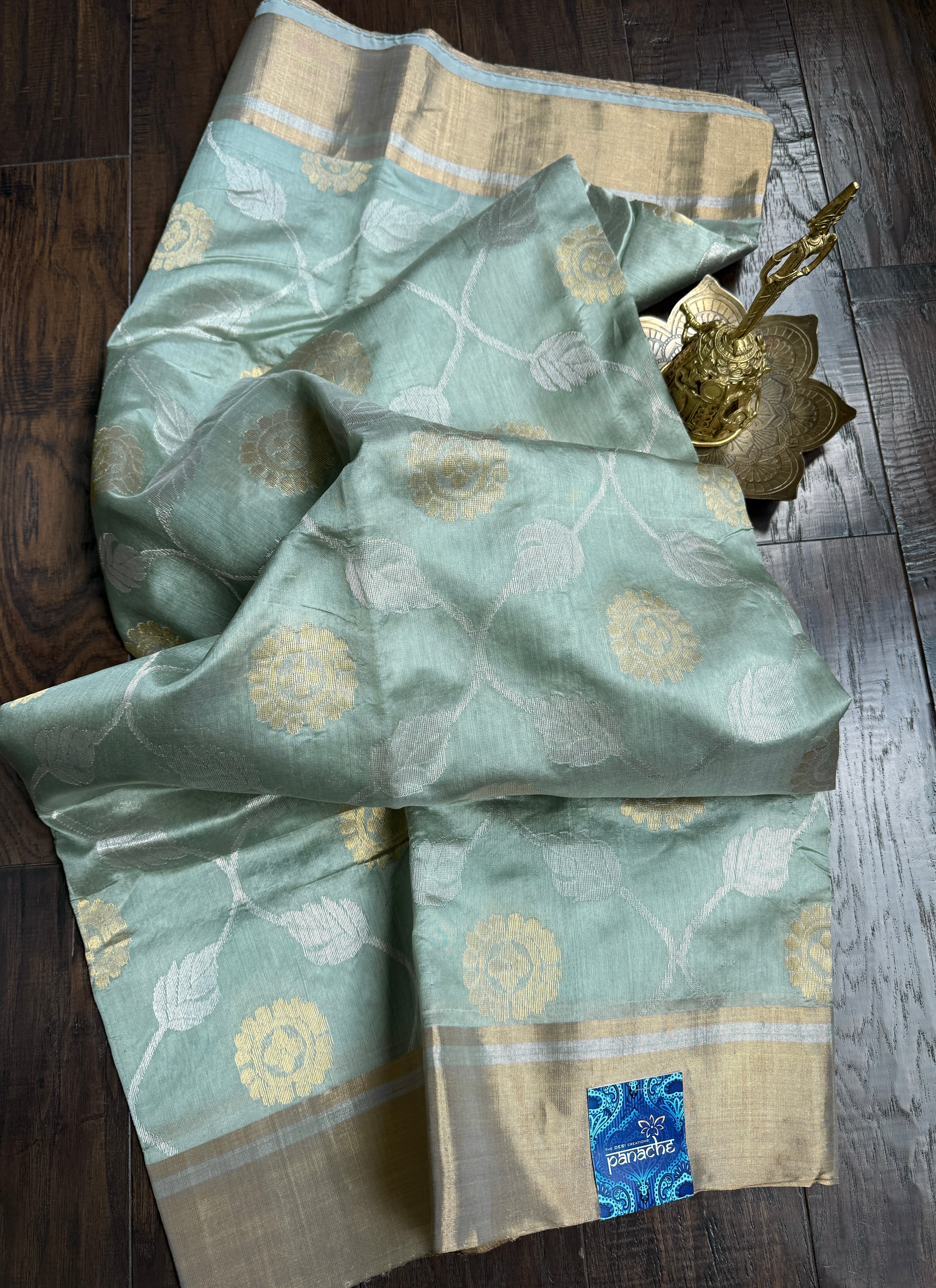 Pure Chanderi Pattu Silk - Metallic Sea Green Jaal woven