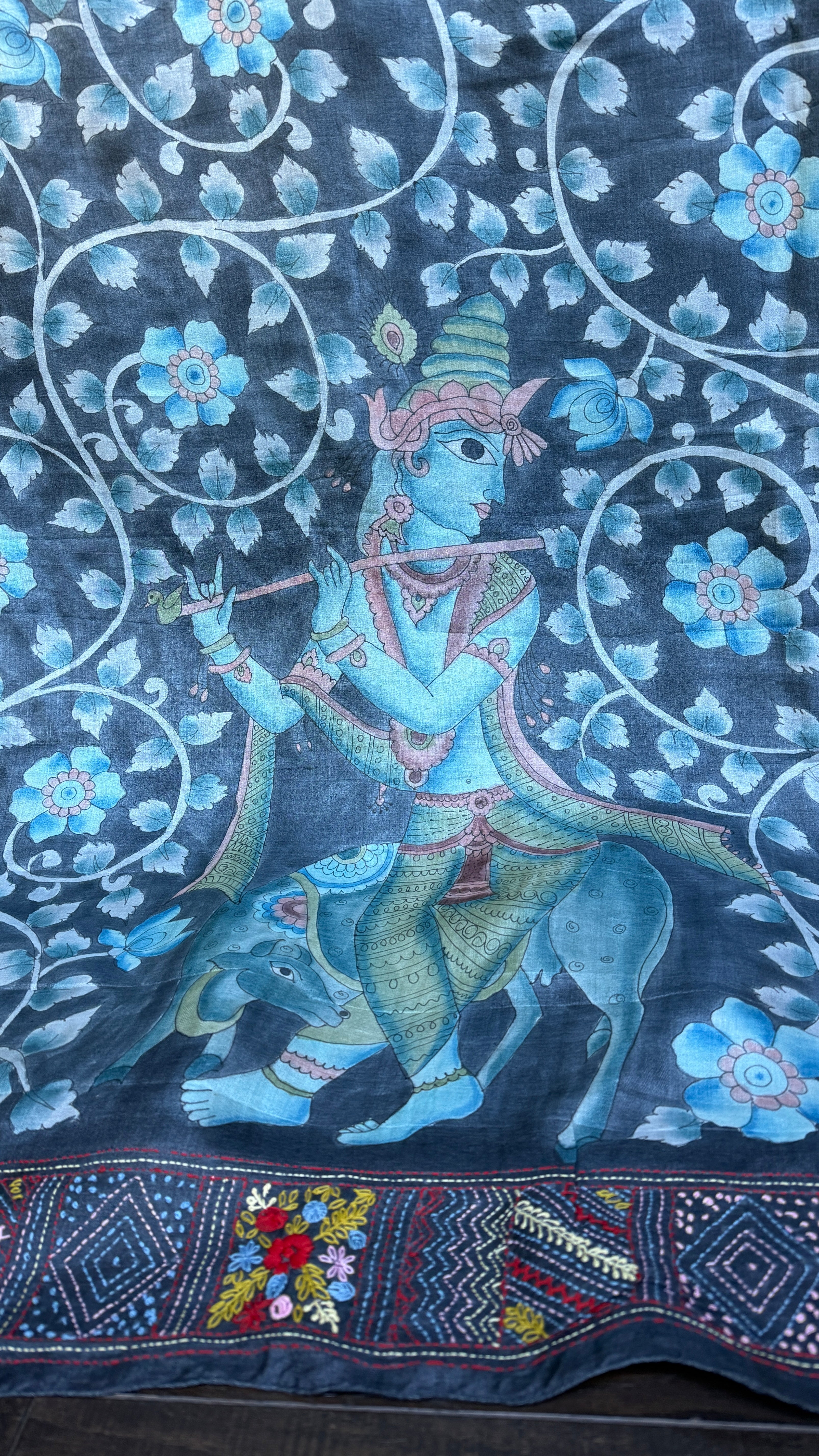 Tussar Silk Pen Kalamkari - Grey Hand Embroidered